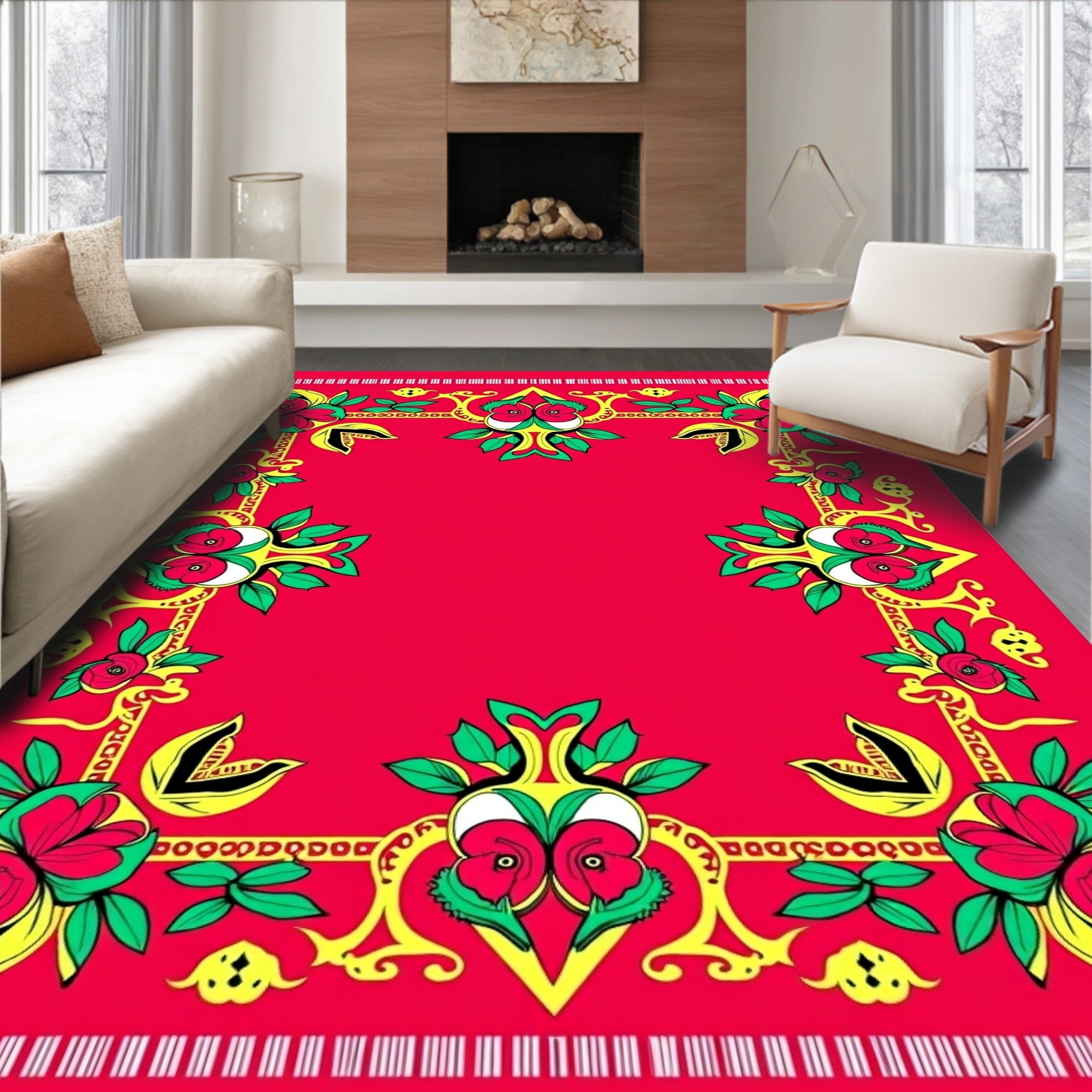 Vibrant Red Floral Scroll Border Rug
