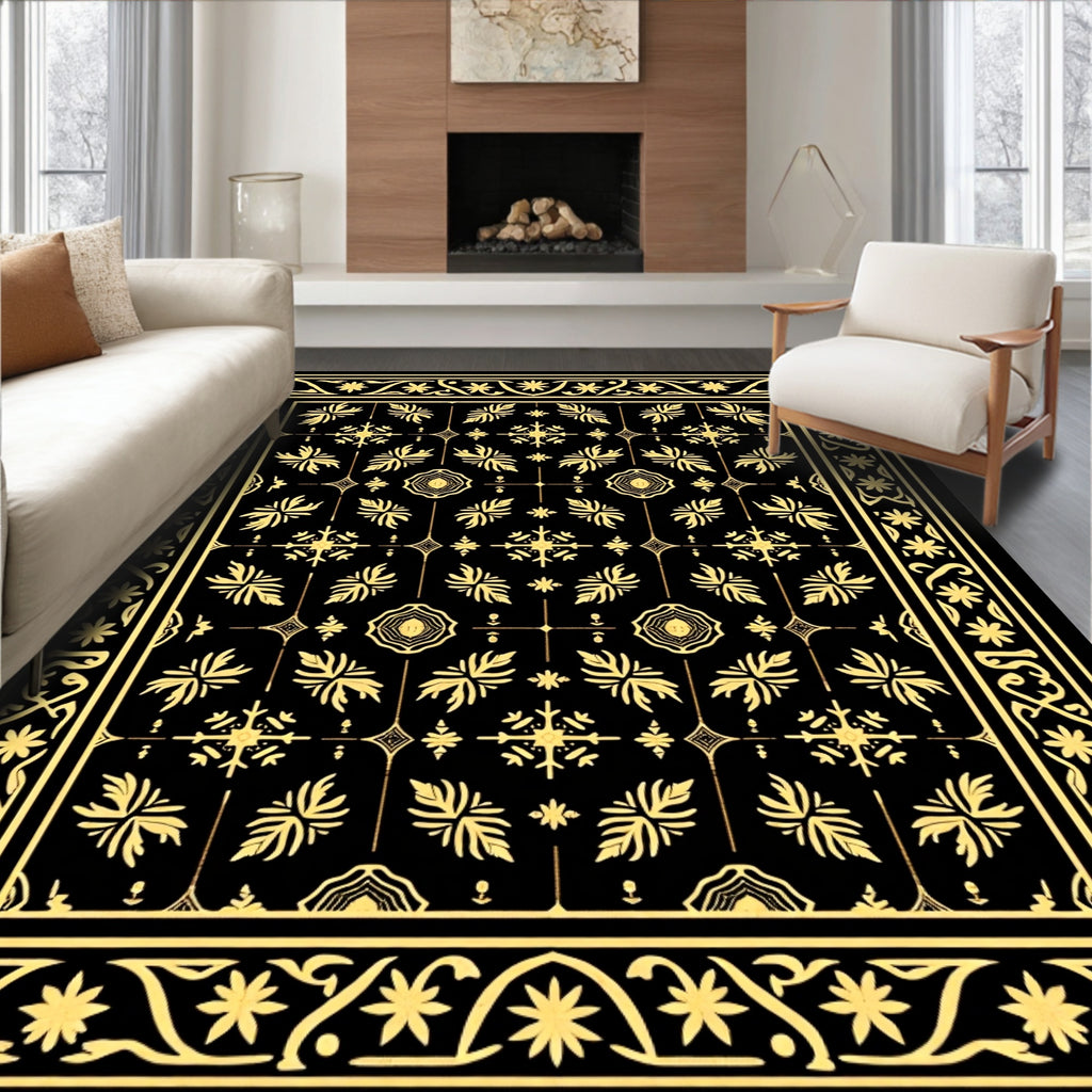 Black and Gold Floral Medallion Border Rug