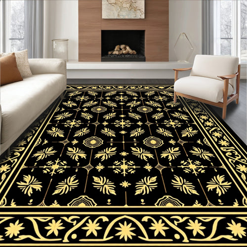 Black and Gold Floral Medallion Border Rug