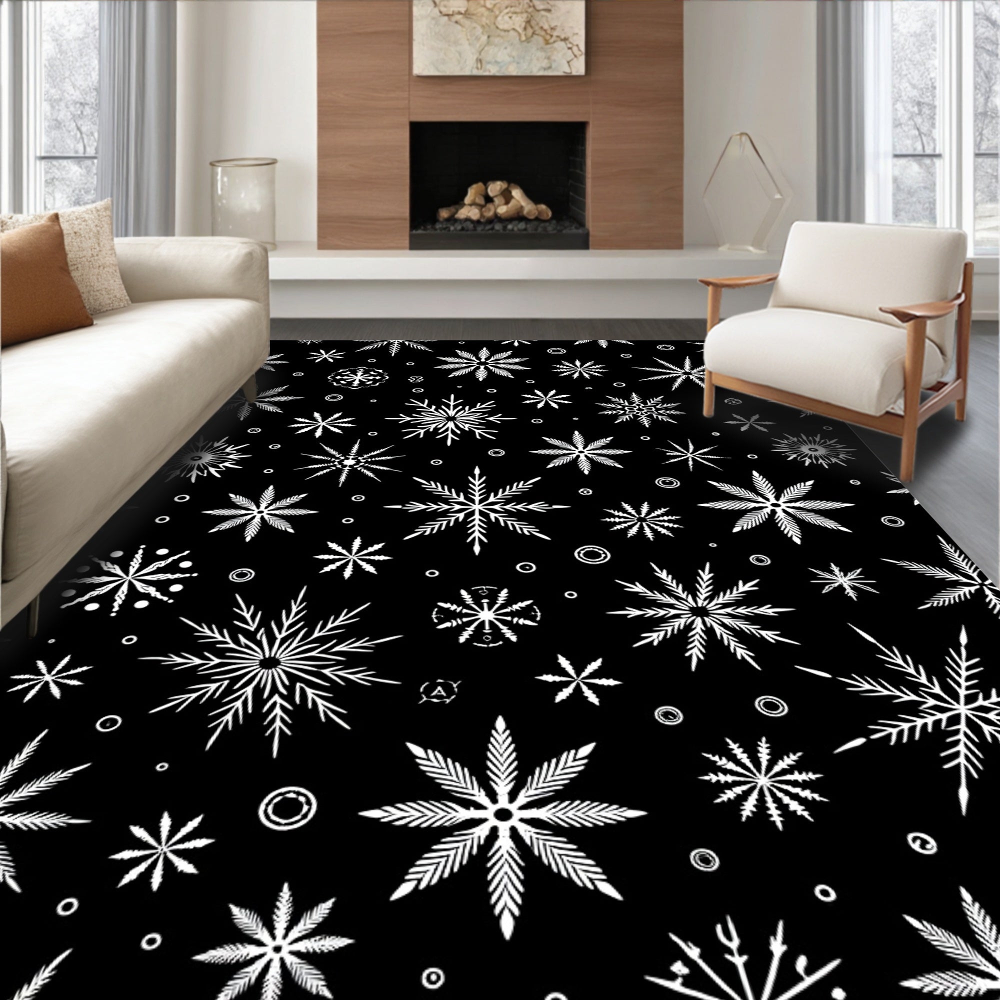 Black White Snowflake Wonderland Rug