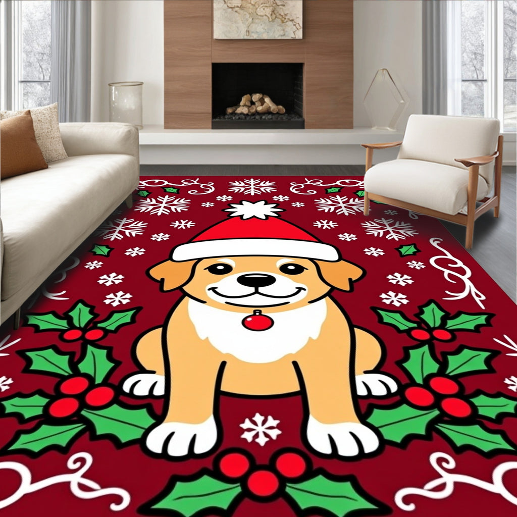 Festive Red Puppy Christmas Snowflakes Rug