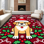 Festive Red Puppy Christmas Snowflakes Rug