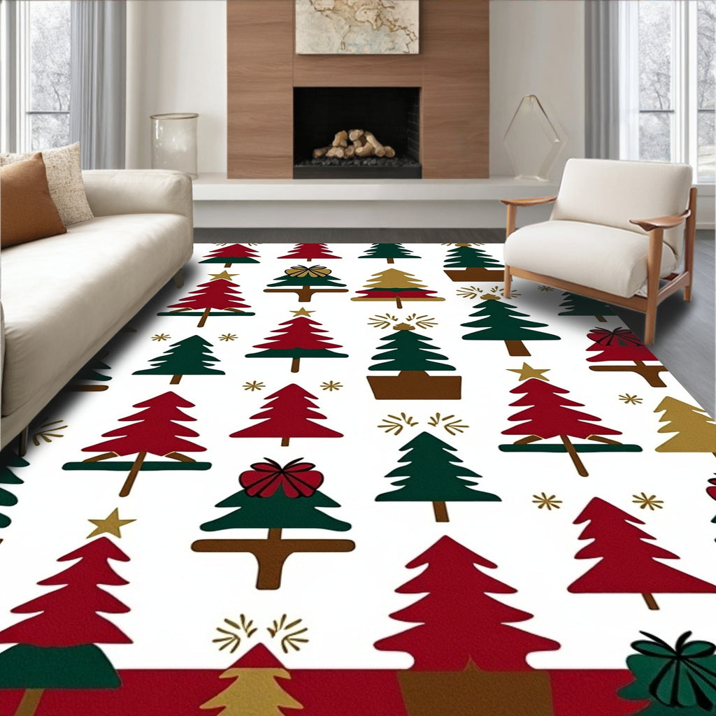 Festive Red Green Gold Christmas Trees Rug
