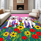 Two Happy White Puppies Floral Field Rug