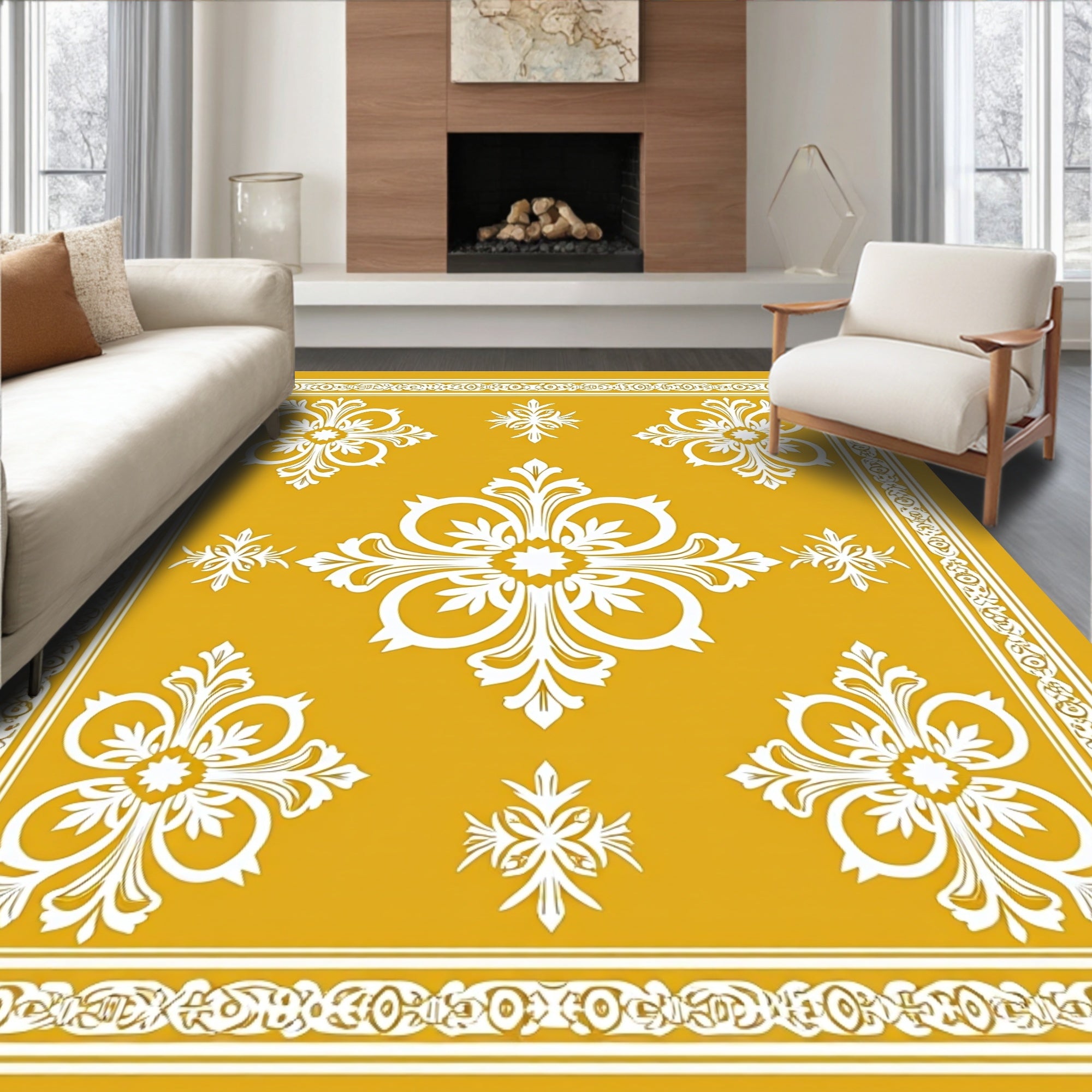 Golden Ochre White Filigree Medallion Rug