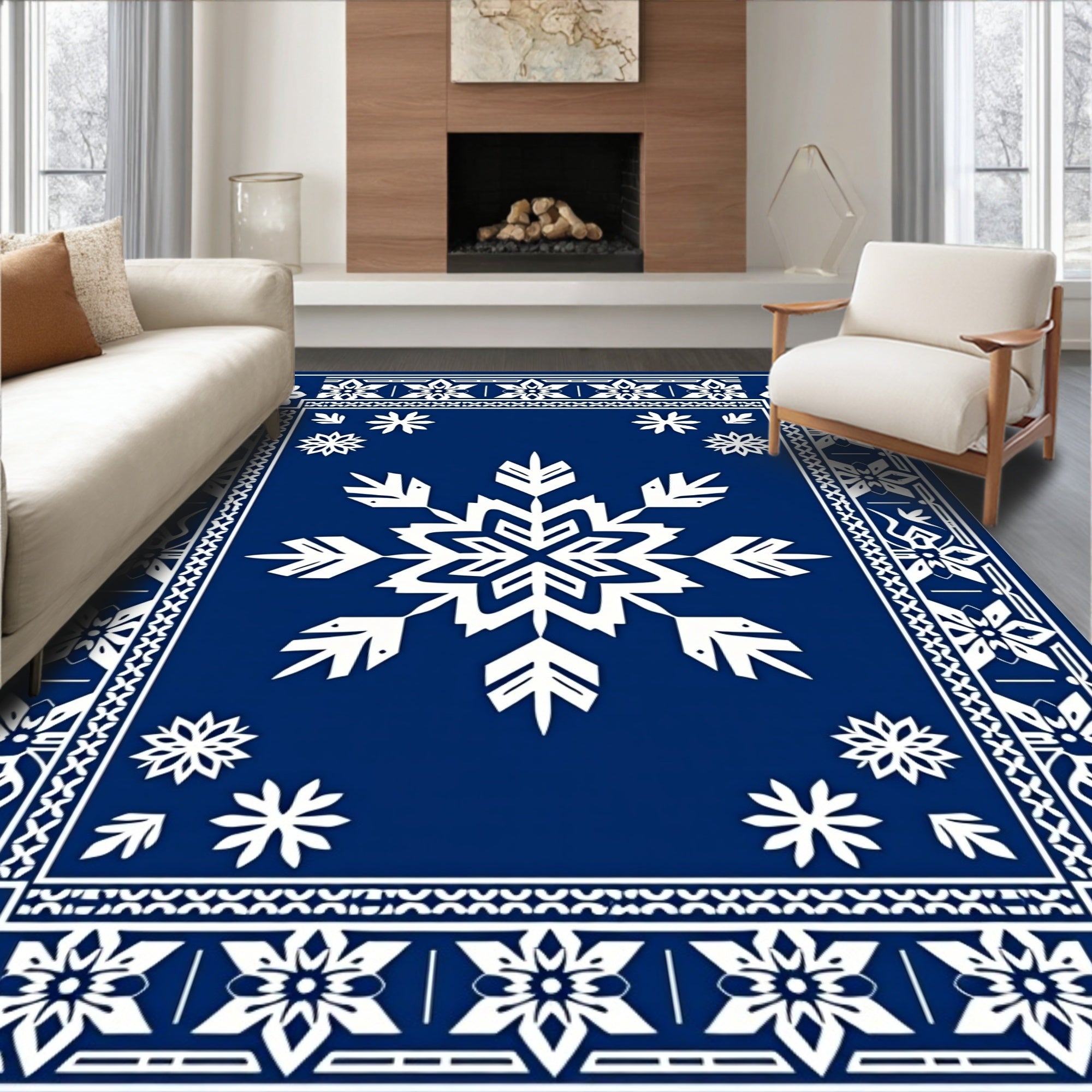 Royal Blue White Snowflake Border Rug