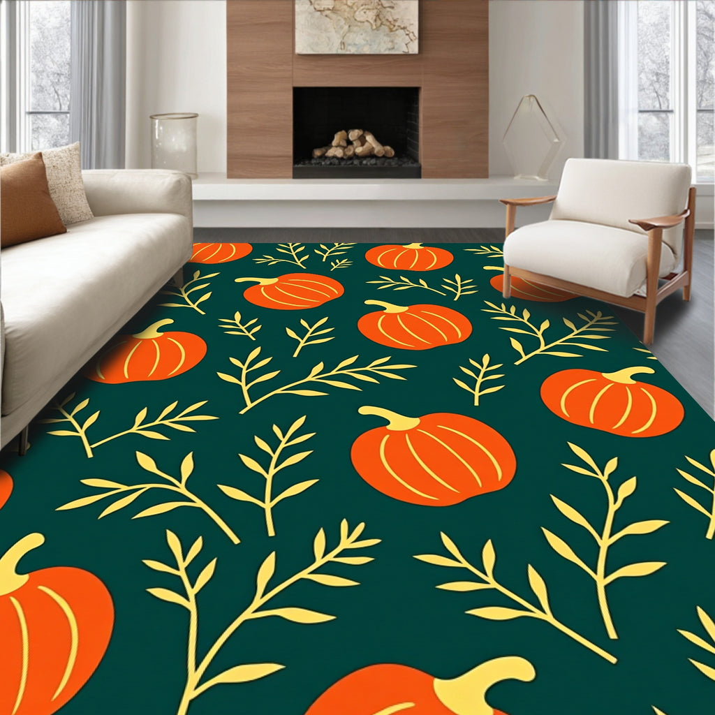 Orange Pumpkin Botanical Autumn Leaves Rug