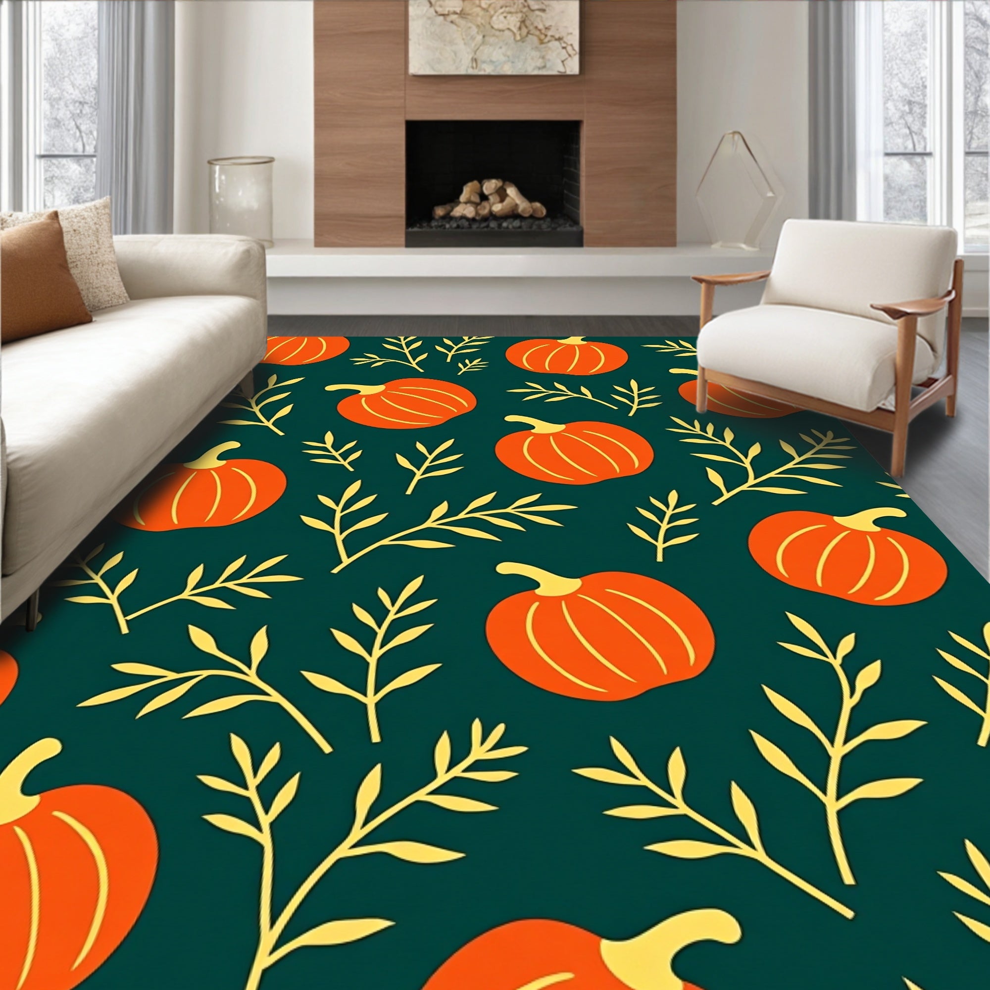 Orange Pumpkin Botanical Autumn Leaves Rug