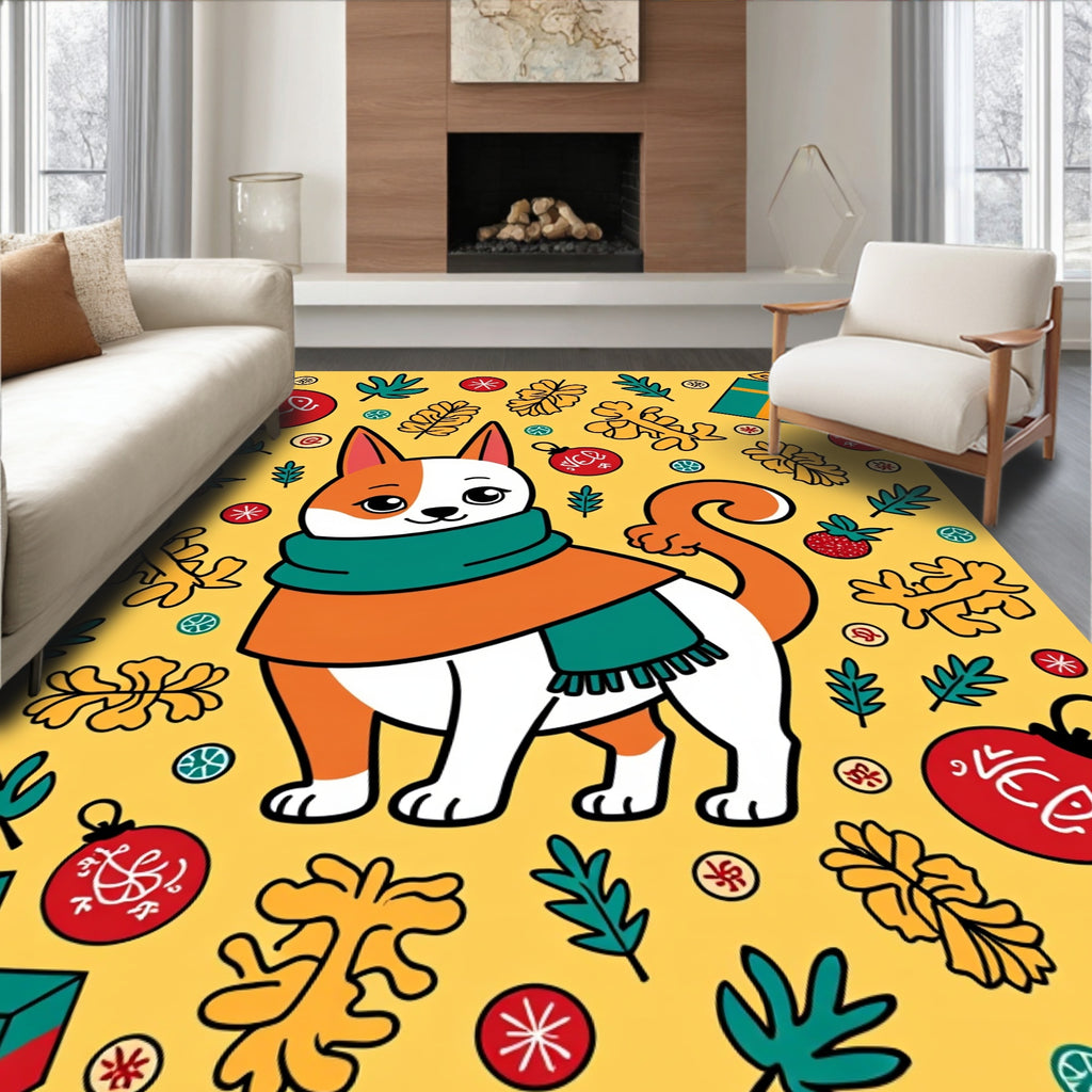 Whimsical dog with autumn leaves and ornaments Rug