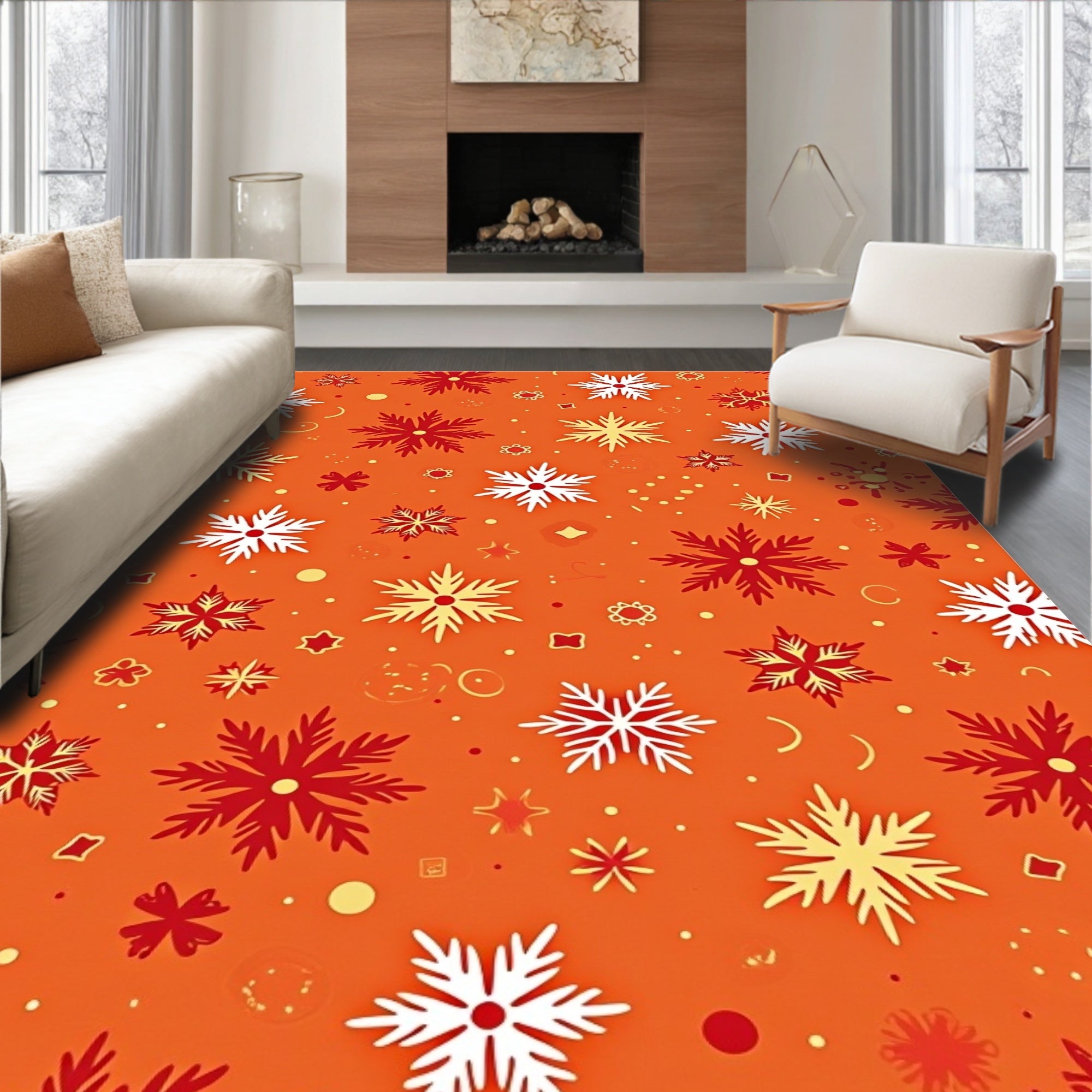 Bold Red White Yellow Snowflakes Rug