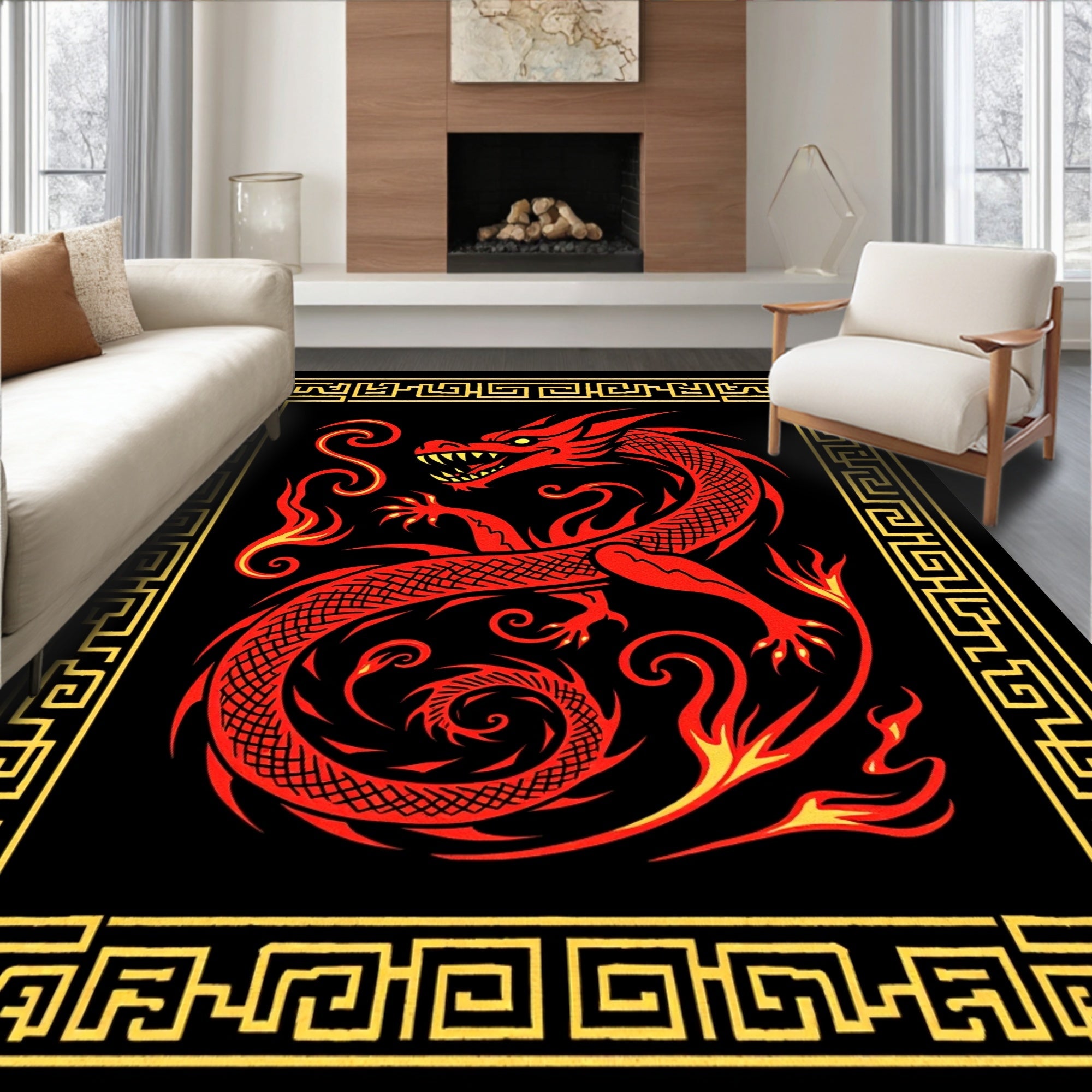 Bold Red Dragon With Golden Border Rug