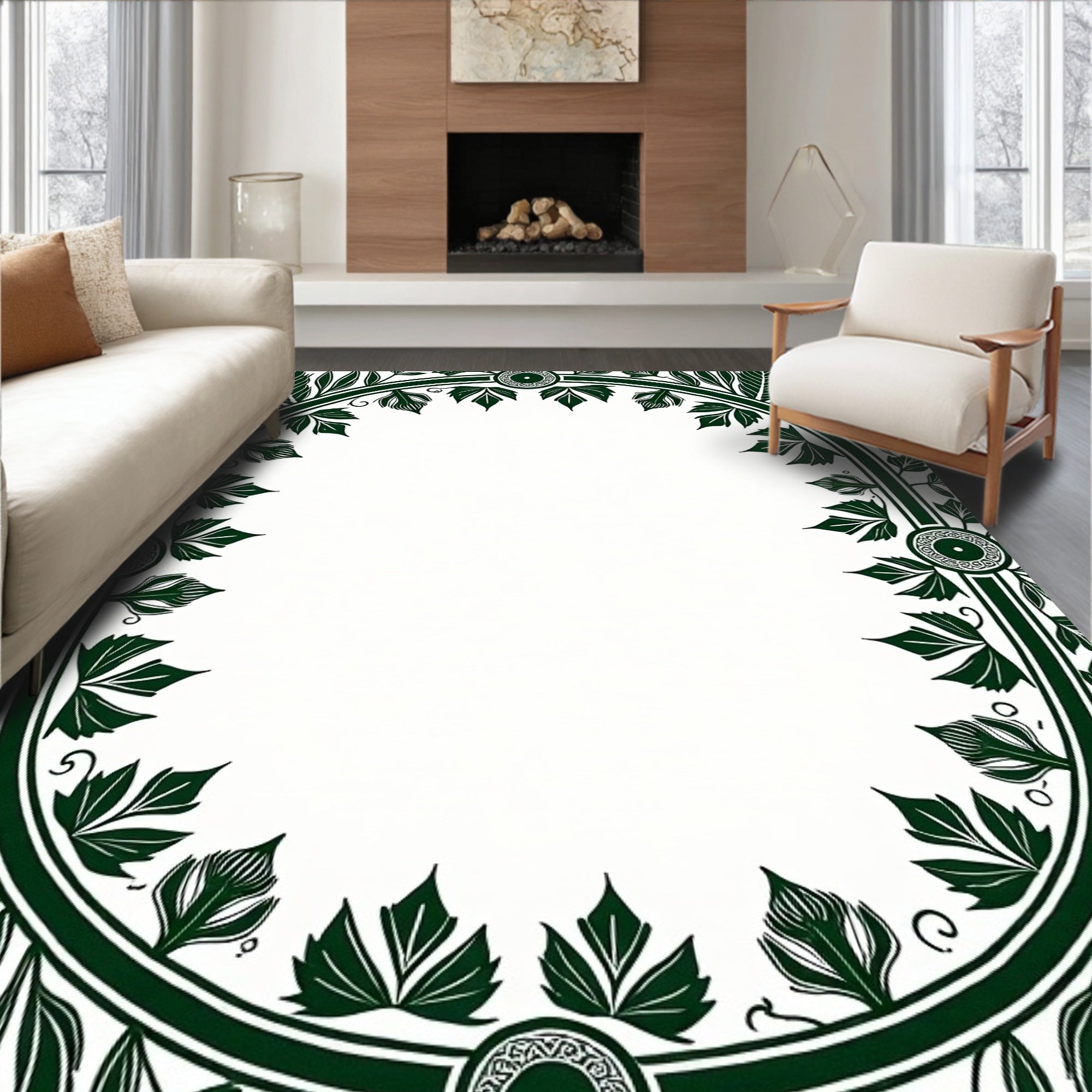 Dark Green Botanical Oval Frame Rug