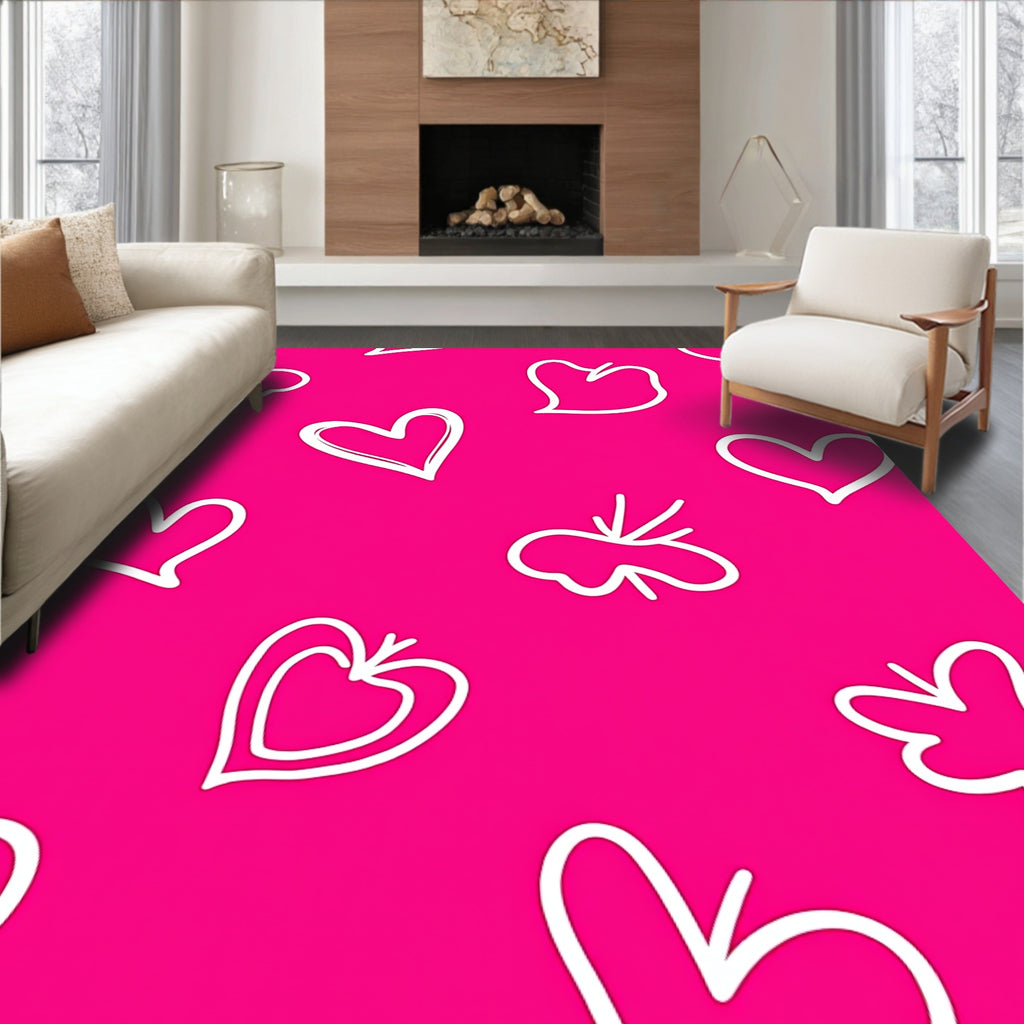 Vibrant White Heart Outline Pink Rug