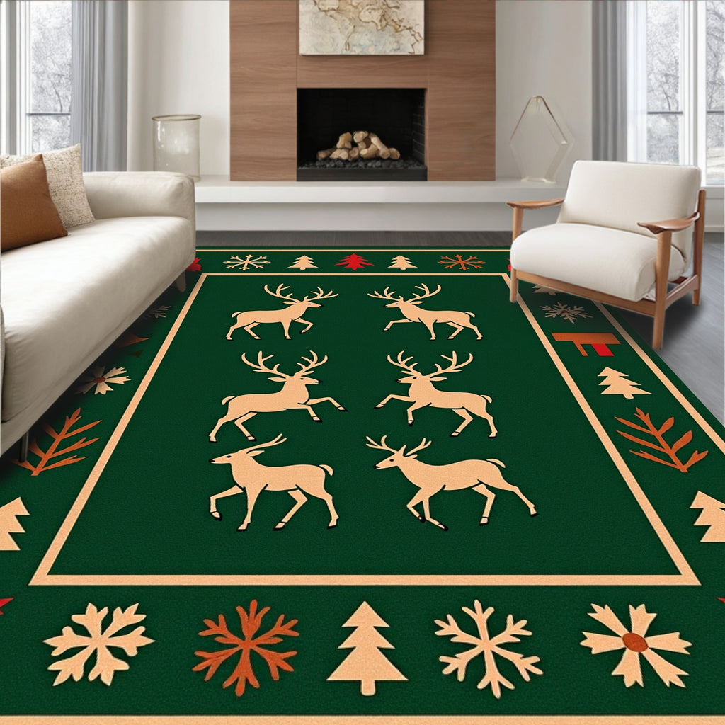 Forest Green Reindeer Snowflake Border Rug