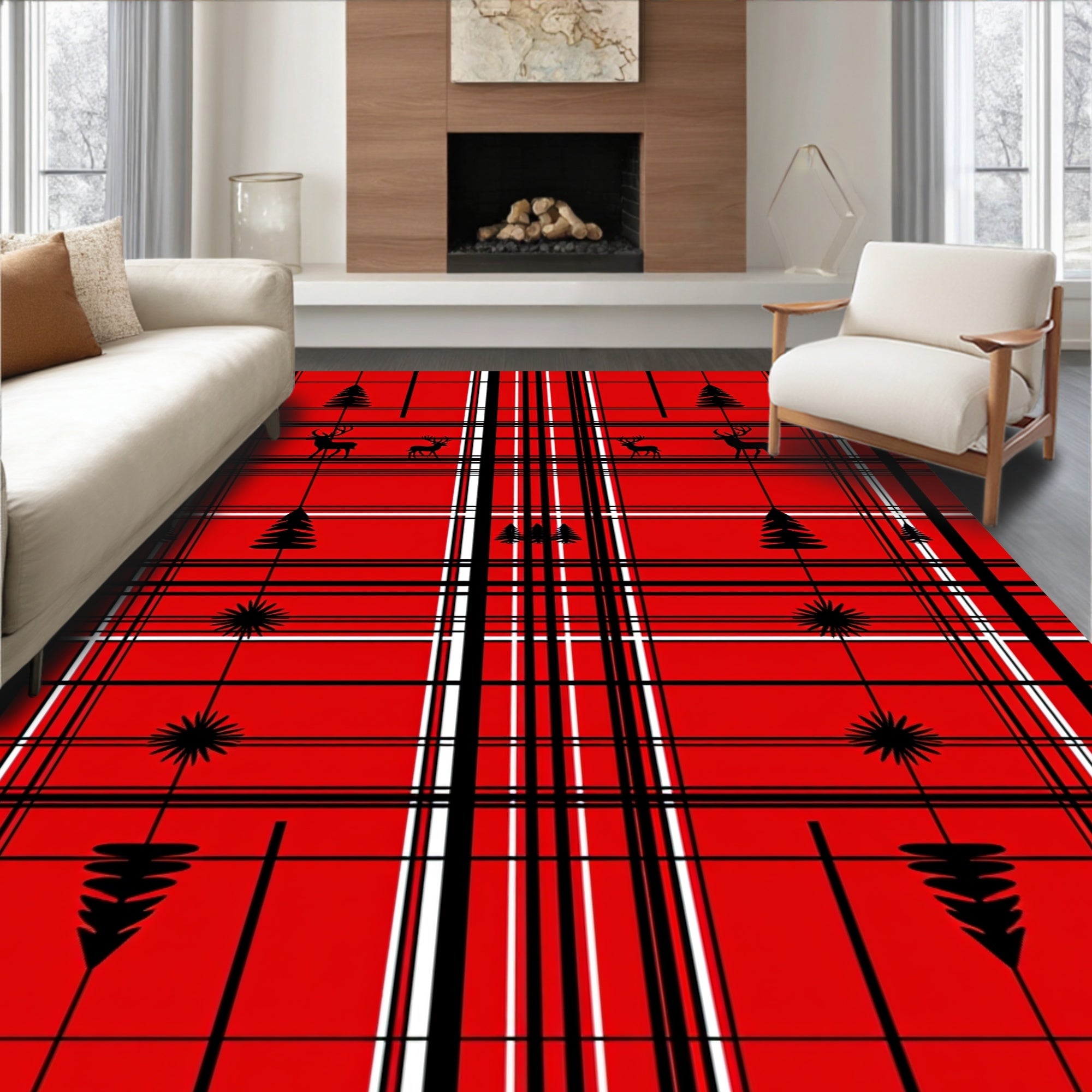 Red Black White Plaid Deer Christmas Trees Rug