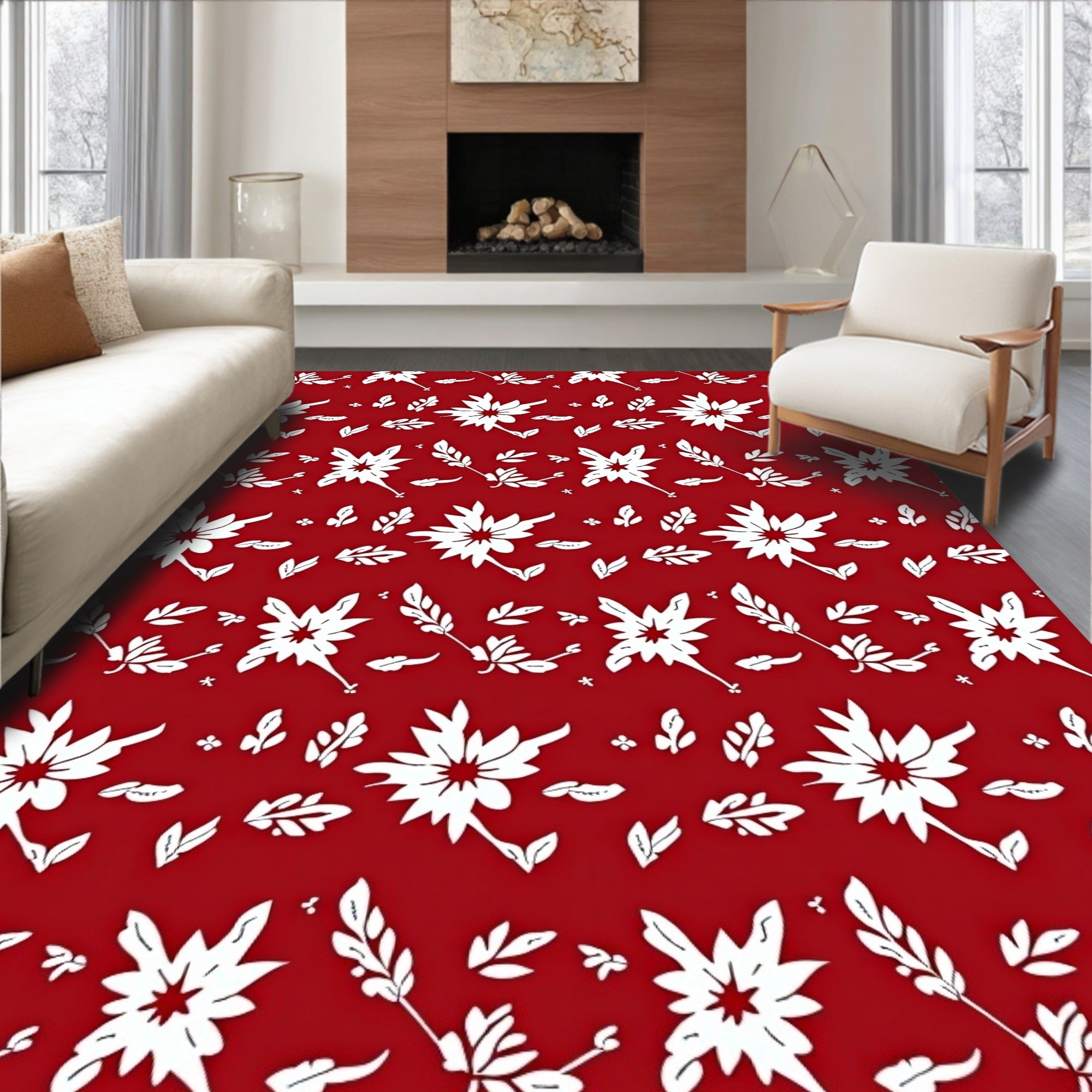 Crimson White Floral Botanical Scatter Rug