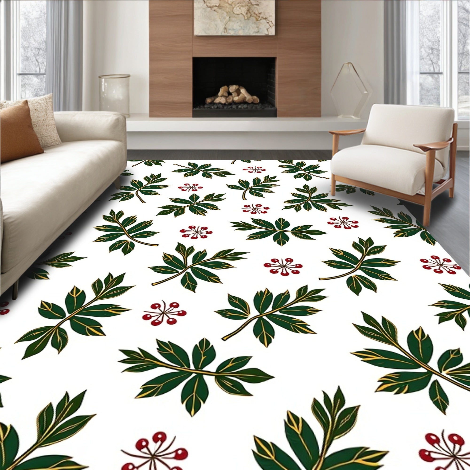 Green Leaf and Red Berry Garden Rug