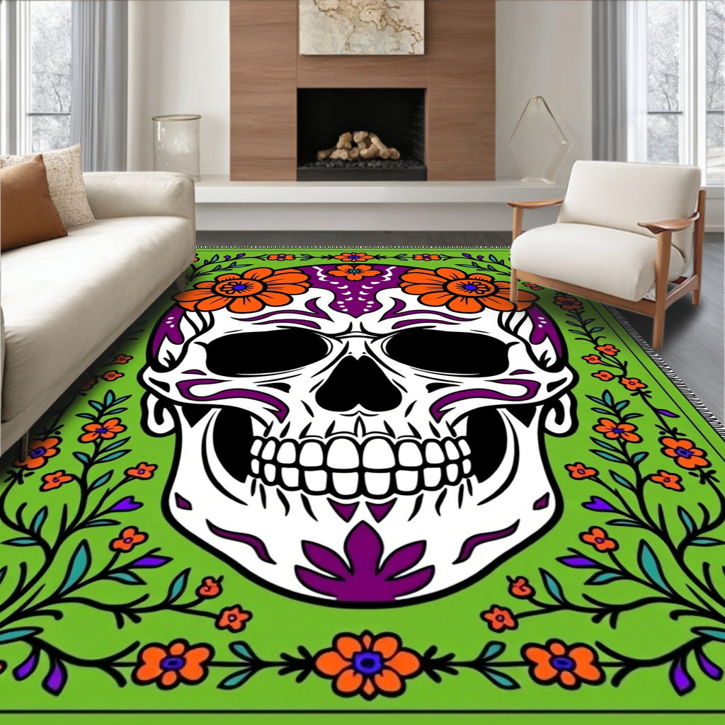 Vibrant Green Skull Floral Embrace Rug