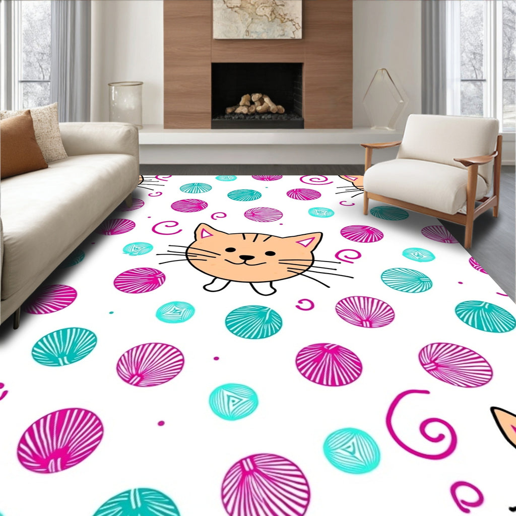 Playful Orange Cat Yarn Balls Rug