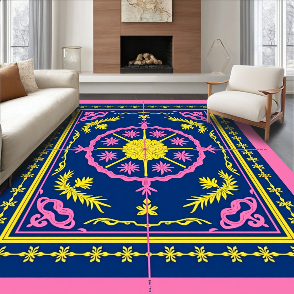 Vibrant Pink Blue Yellow Floral Medallion Rug