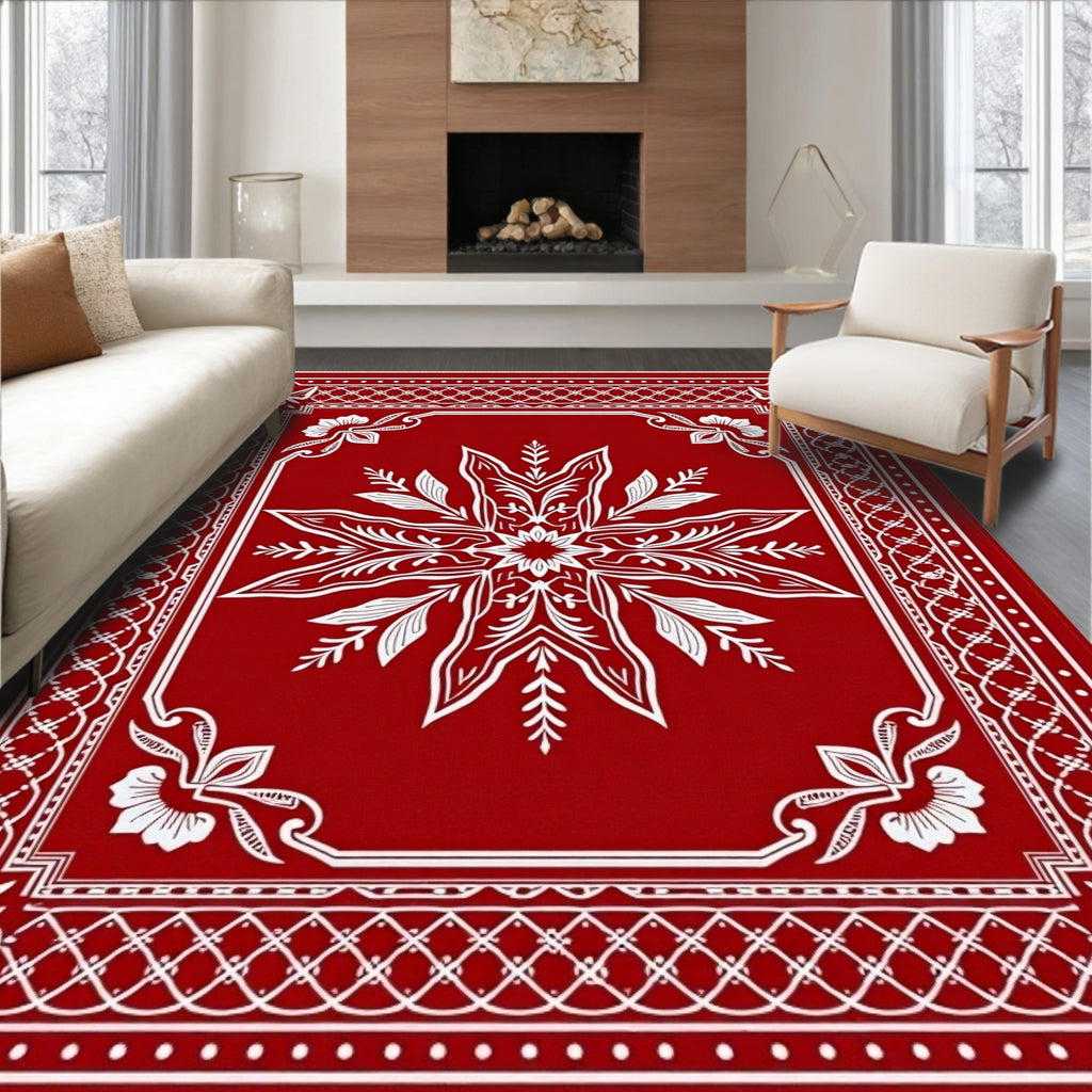 Crimson White Floral Starburst Frame Rug