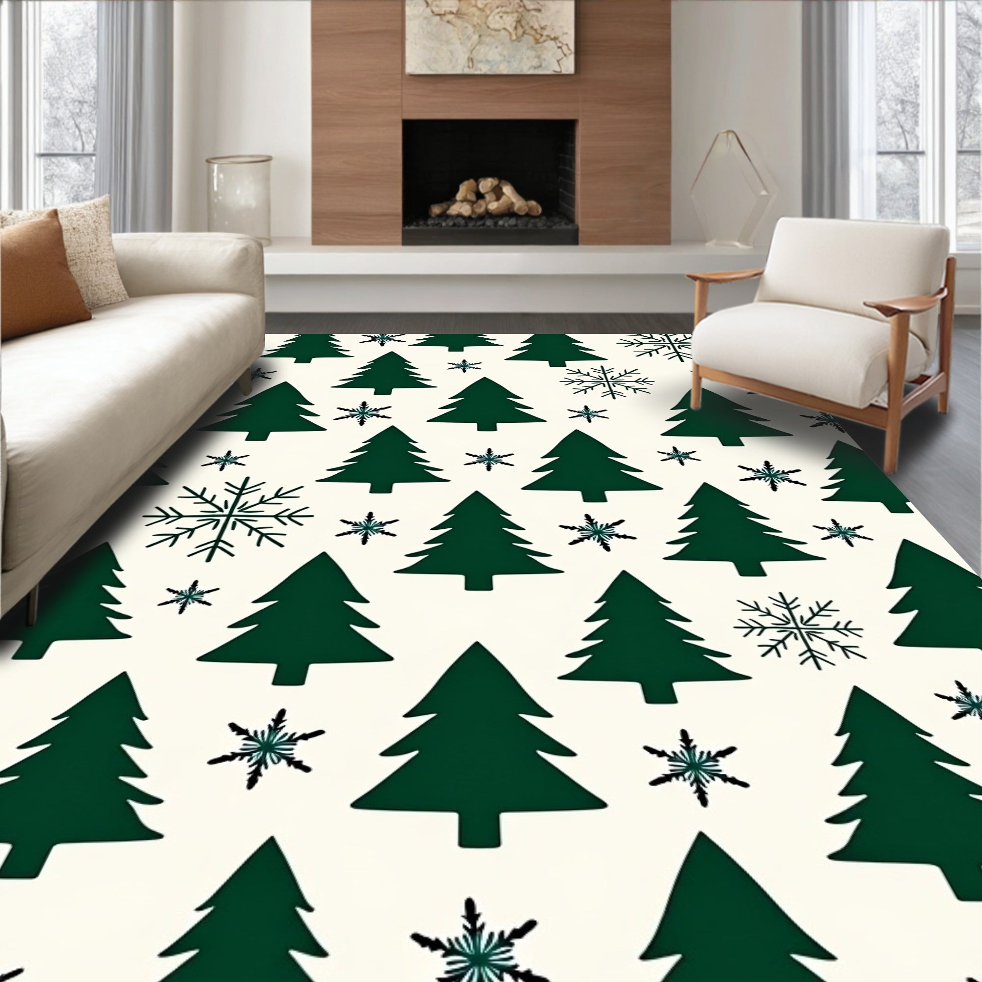Dark Green Evergreen Snowflake Repeat Rug