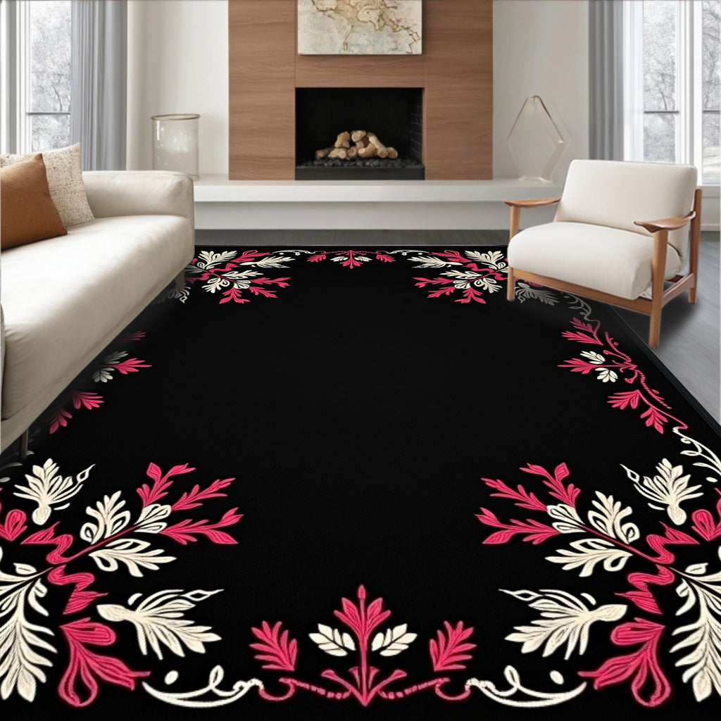 Black Floral Pink Cream Border Rug