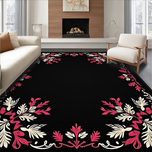 Black Floral Pink Cream Border Rug