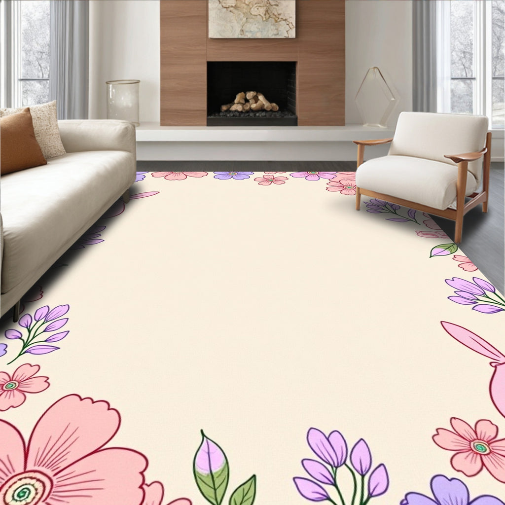 Pastel Floral Bunny Garden Border Rug