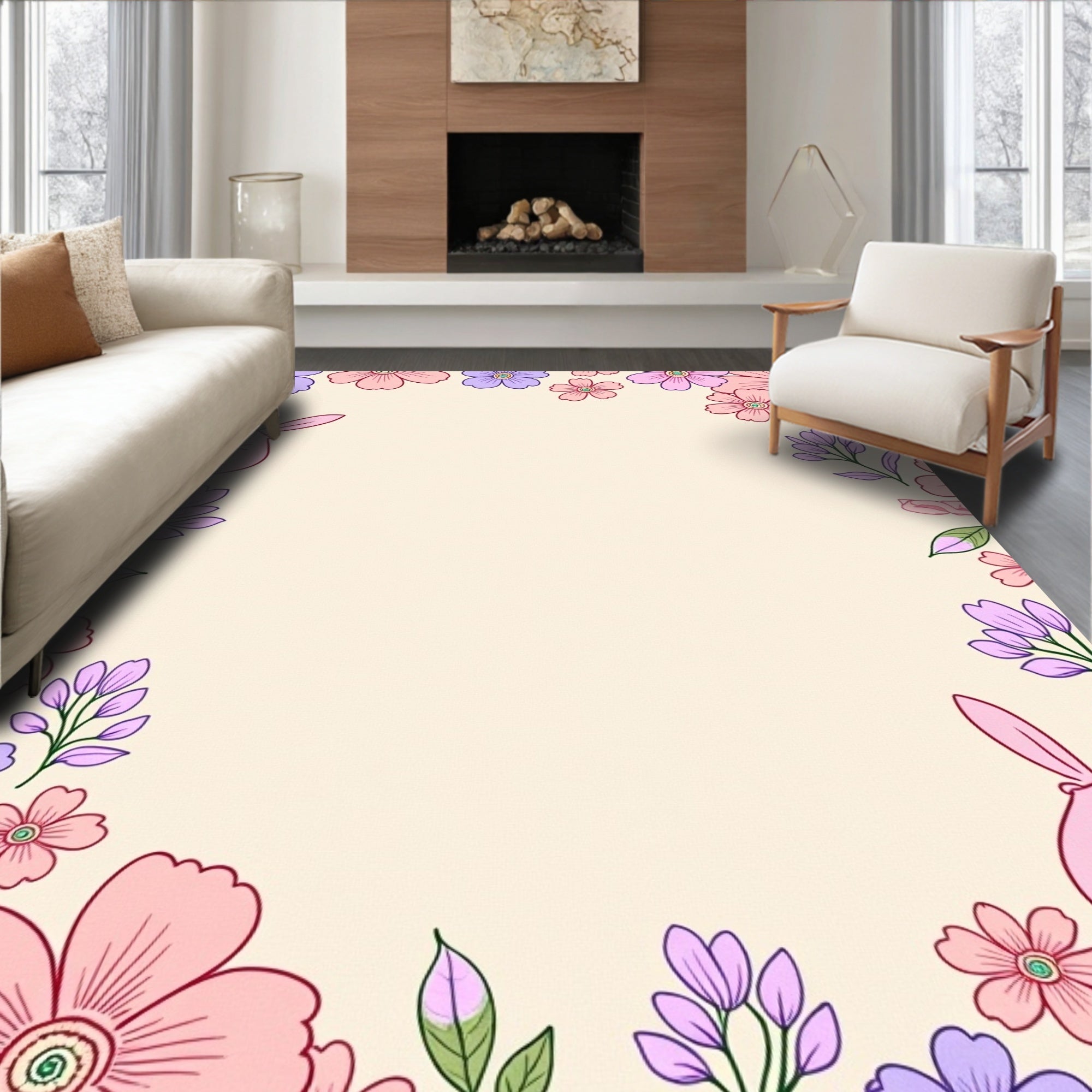 Pastel Floral Bunny Garden Border Rug