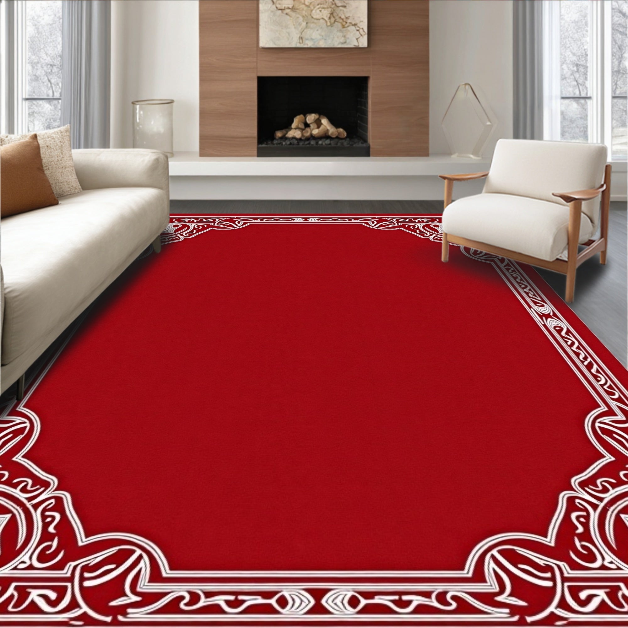Crimson White Floral Border Frame Rug
