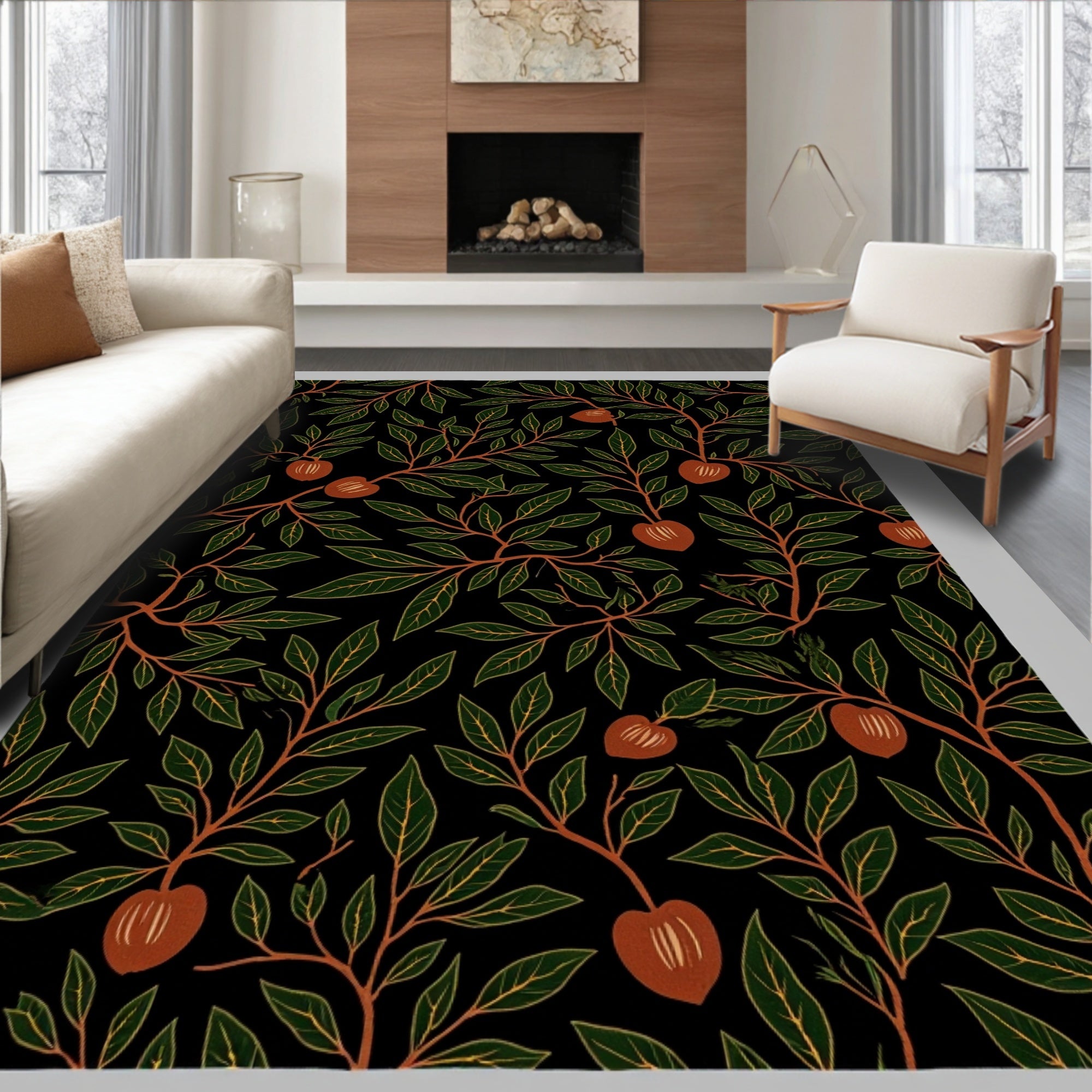 Dark Garden Lush Green Fruit Branches Rug