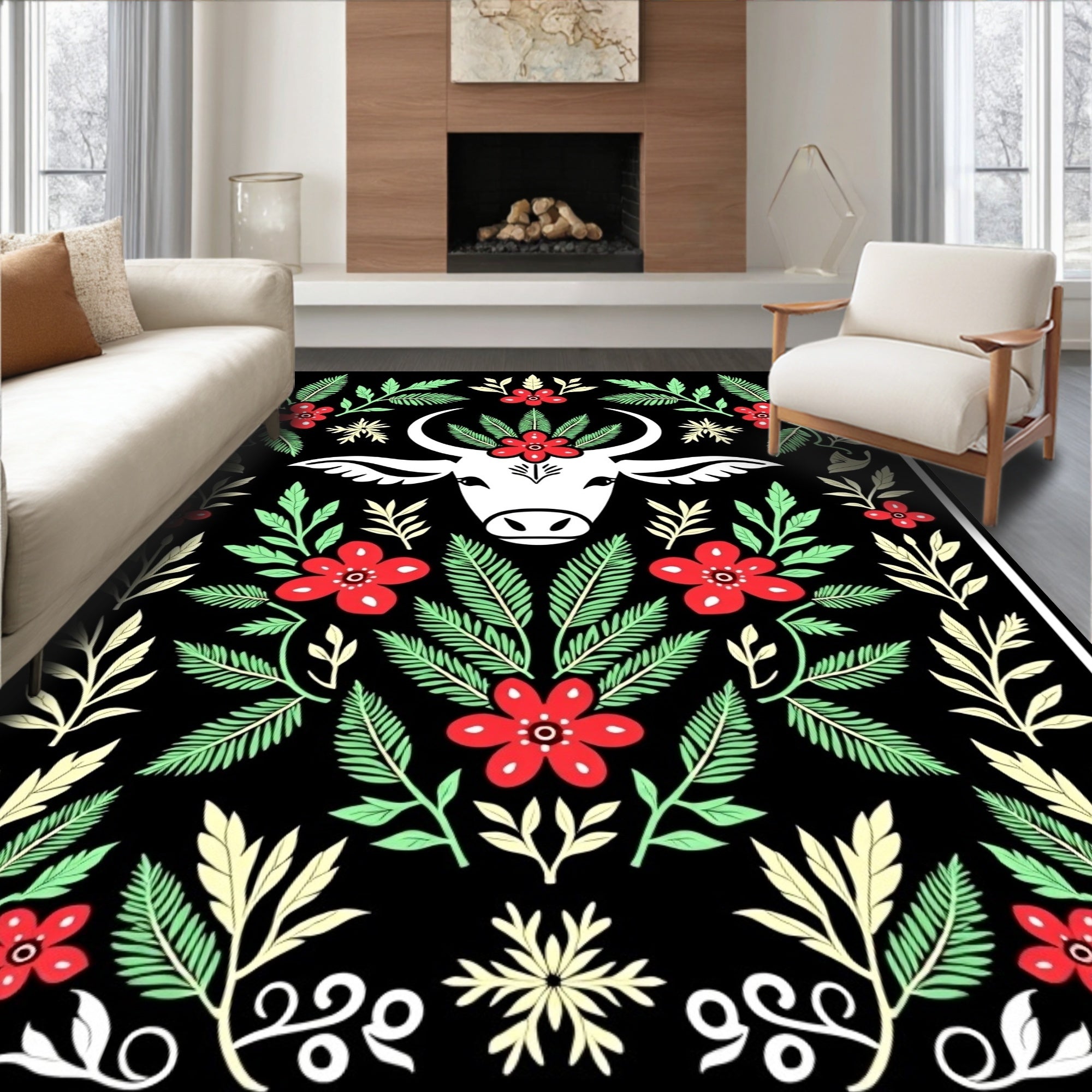 Whimsical Red Floral Cow Portrait Rug