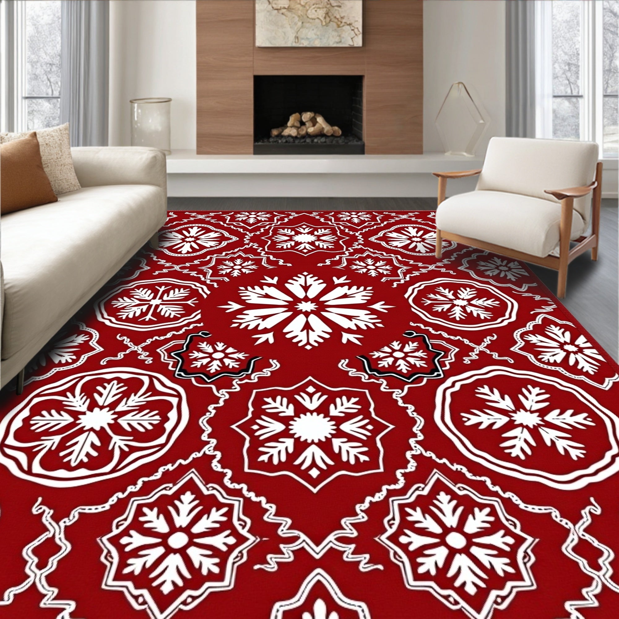 Deep Red Snowflake Medallion Rug