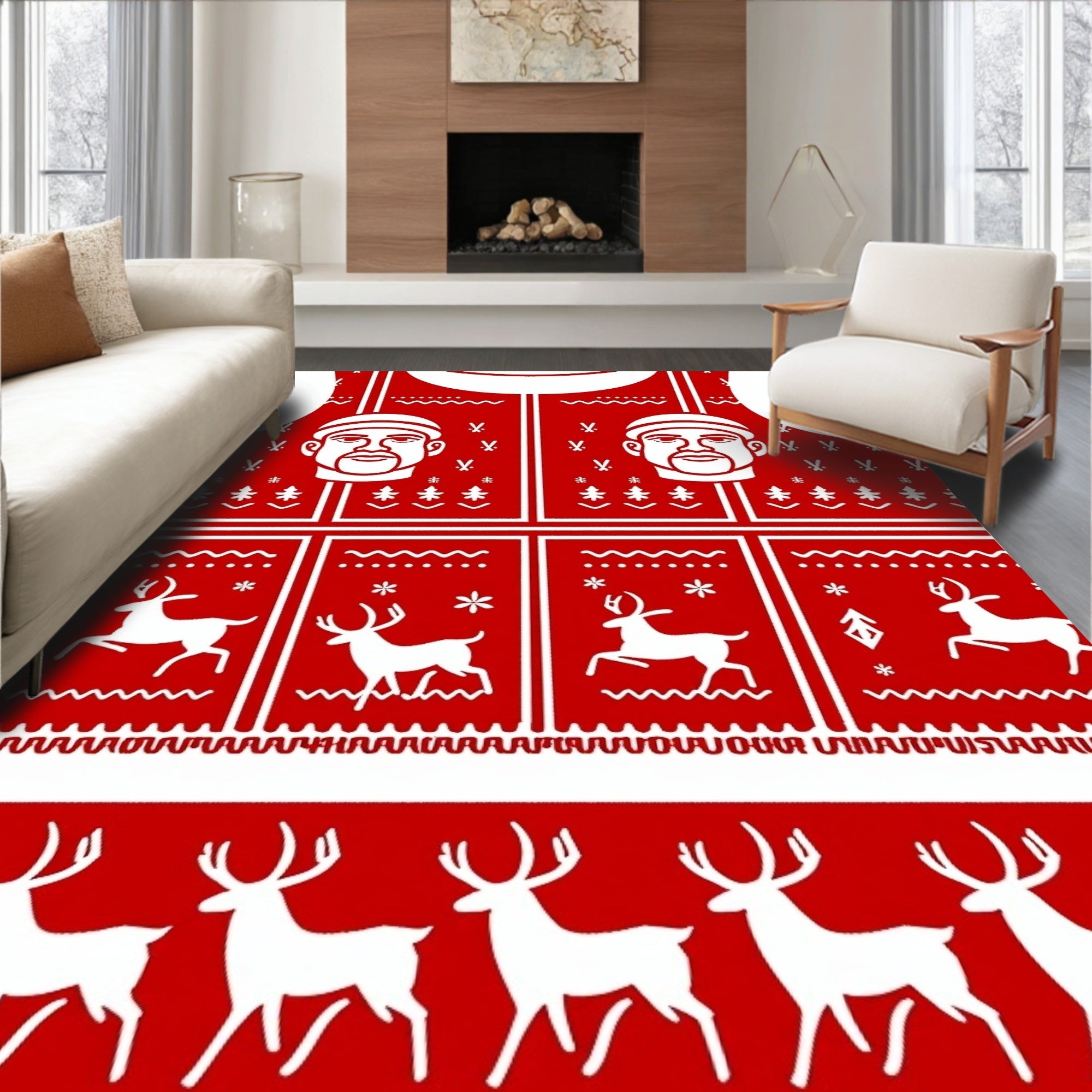 Red White Festive Reindeer Portrait Rug