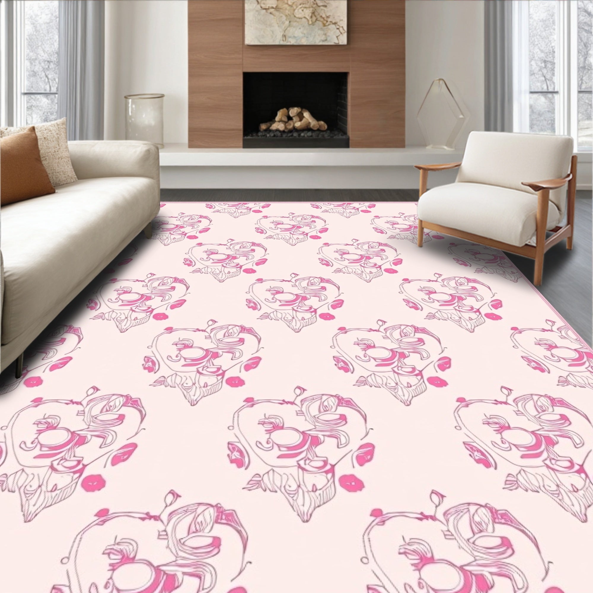 Pink Heart Floral Outline Repeat Rug