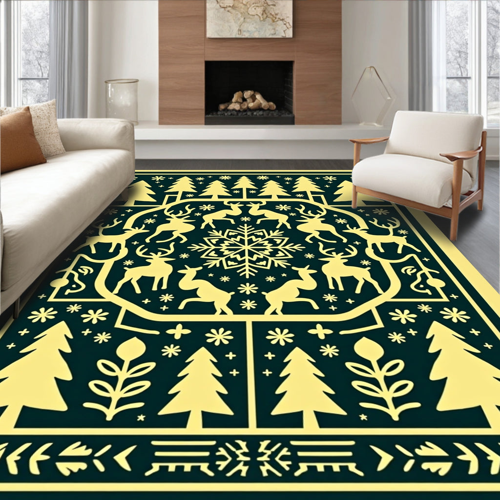 Festive Yellow Reindeer Snowflake Forest Rug