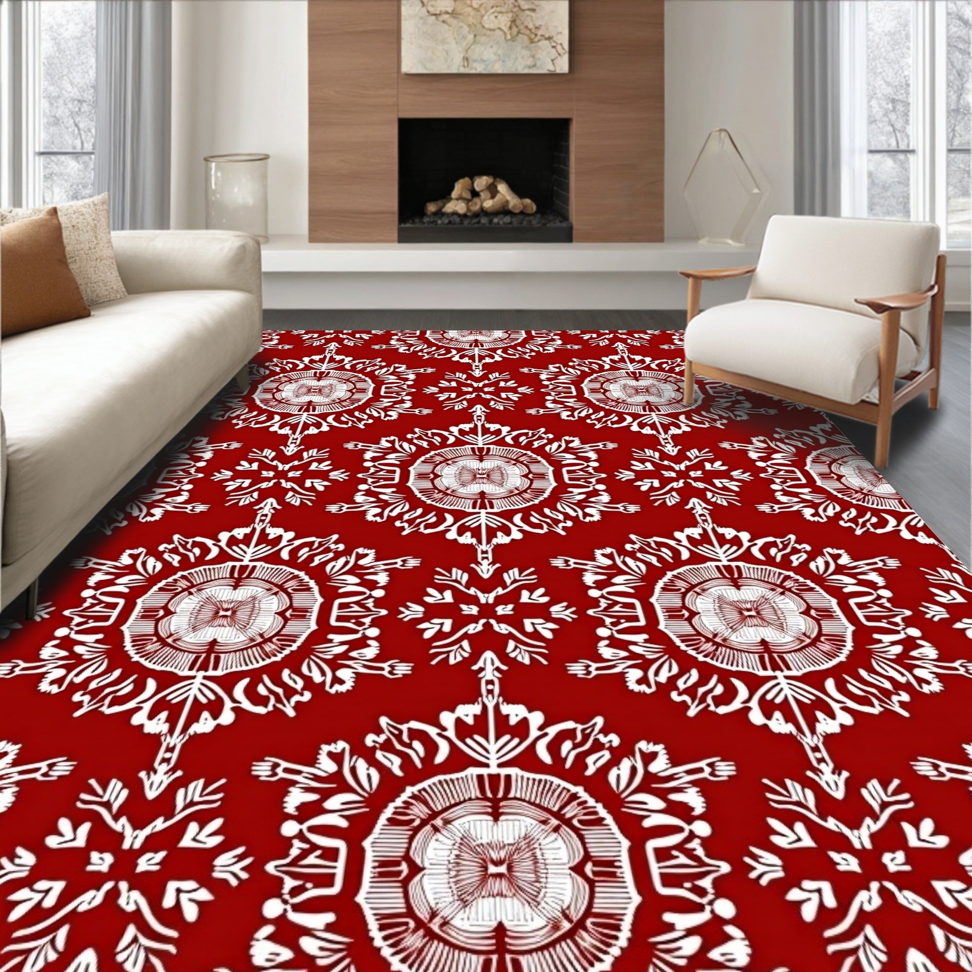 Crimson Floral Medallion Repeating Pattern Rug