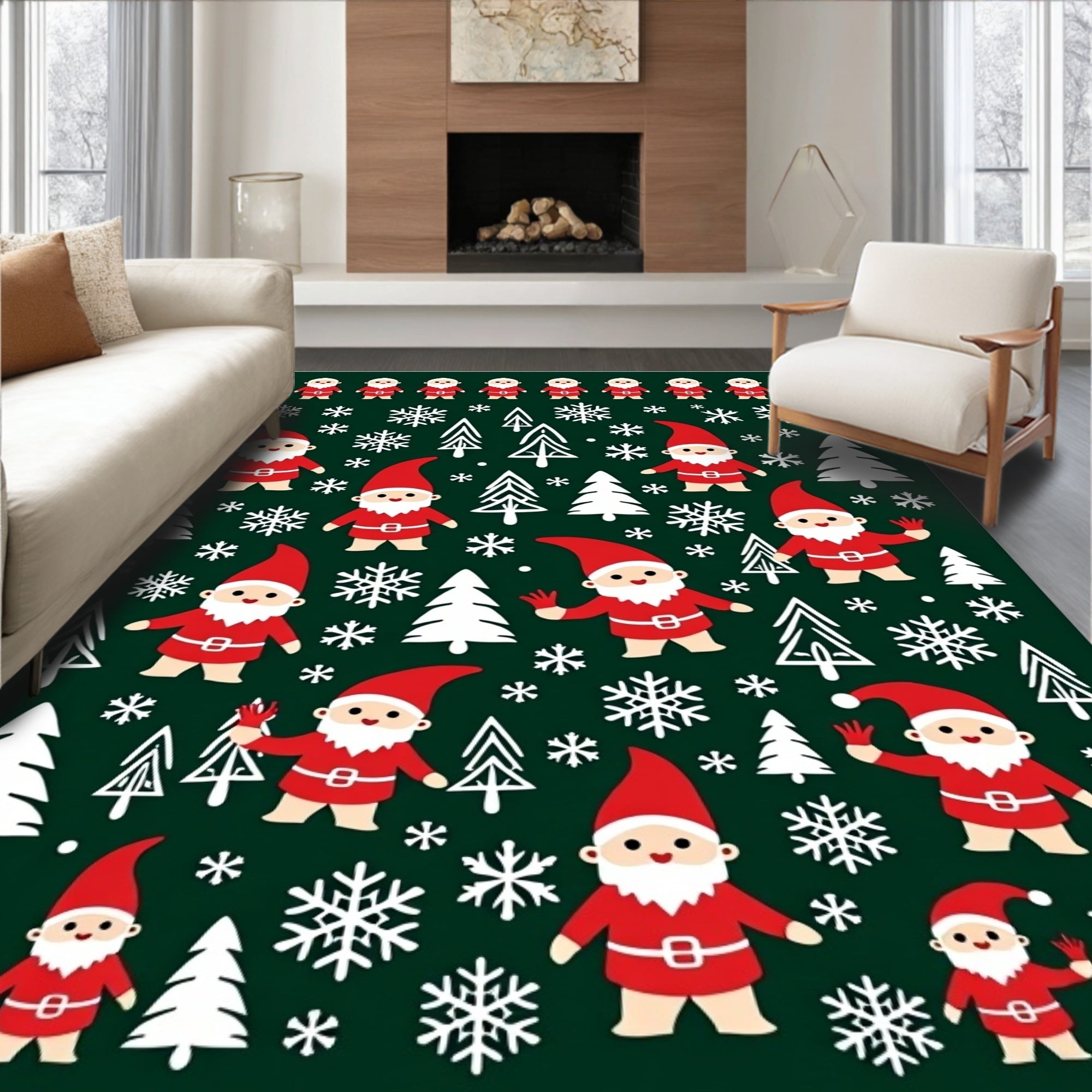 Festive Red Gnomes Snowflakes Christmas Trees Rug