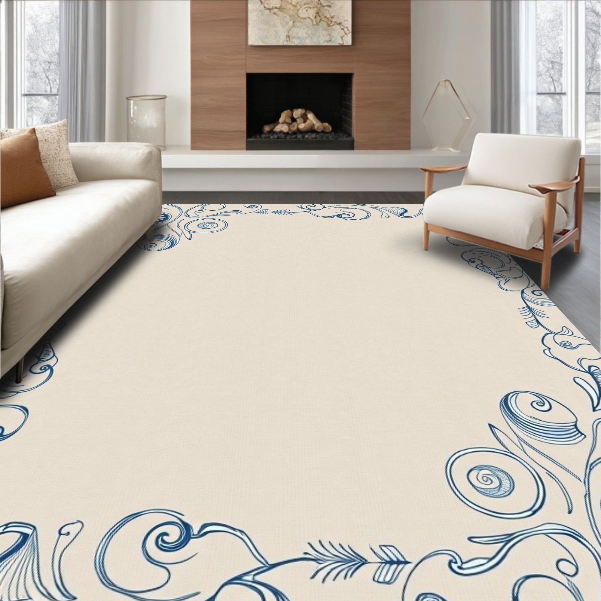 Blue Floral Swirl Border Rug