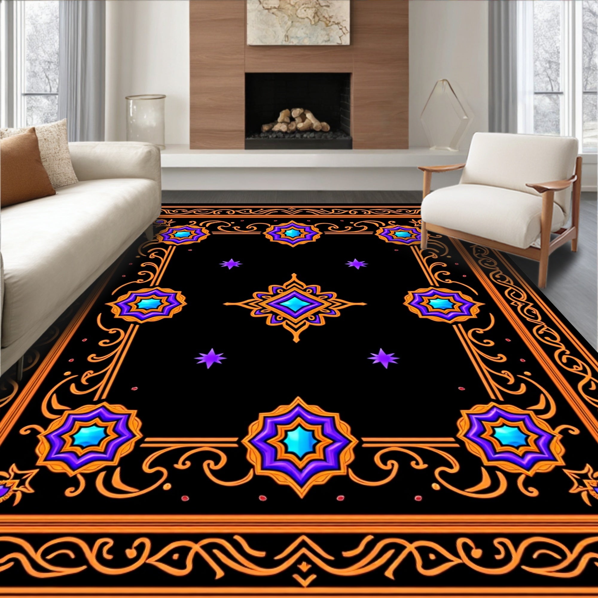 Ornate Black Jewel Starburst Rug