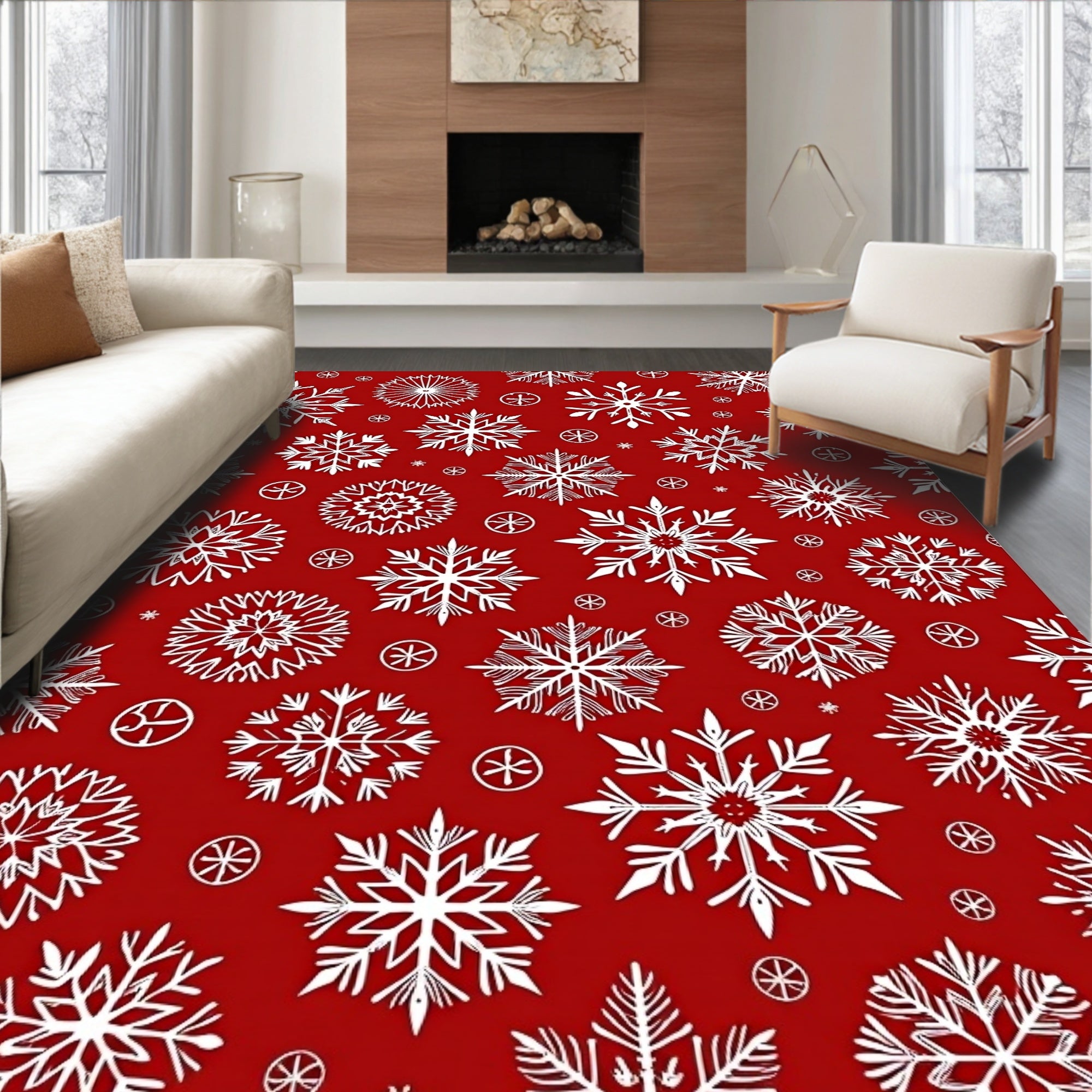 Red White Snowflake All Over Rug
