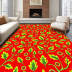 Vibrant Red Green Leaf Floral Rug
