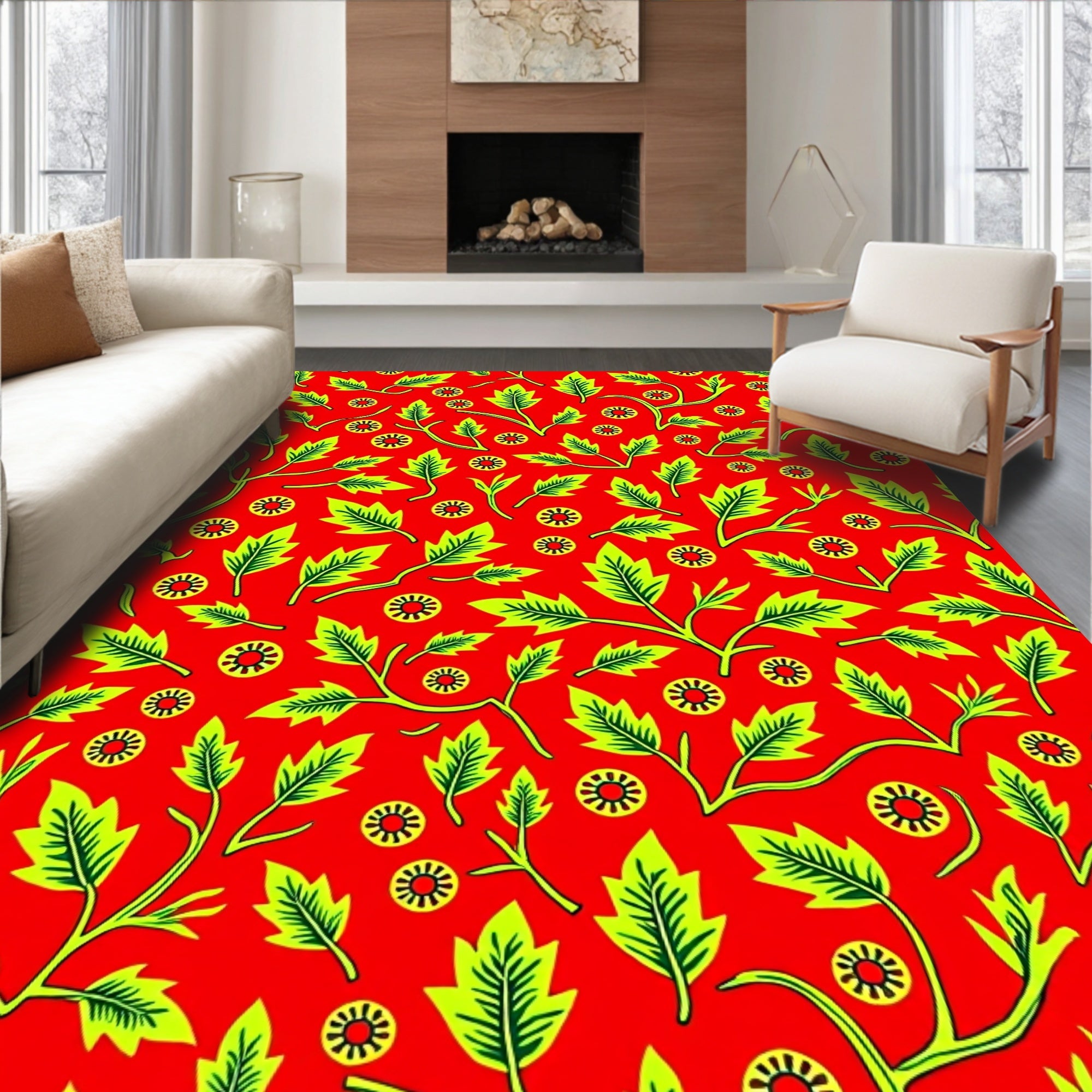Vibrant Red Green Leaf Floral Rug