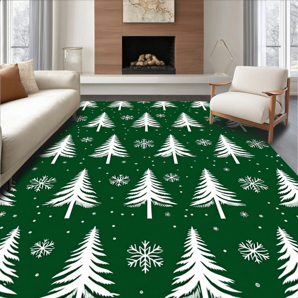 Emerald Green Snowy Evergreen Forest Rug