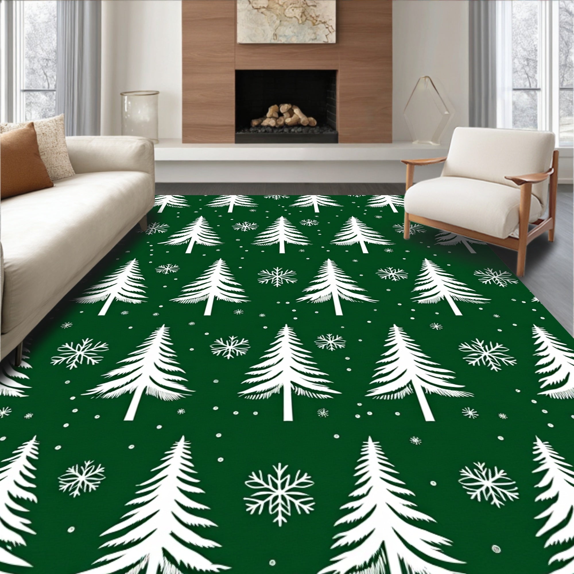 Emerald Green Snowy Evergreen Forest Rug