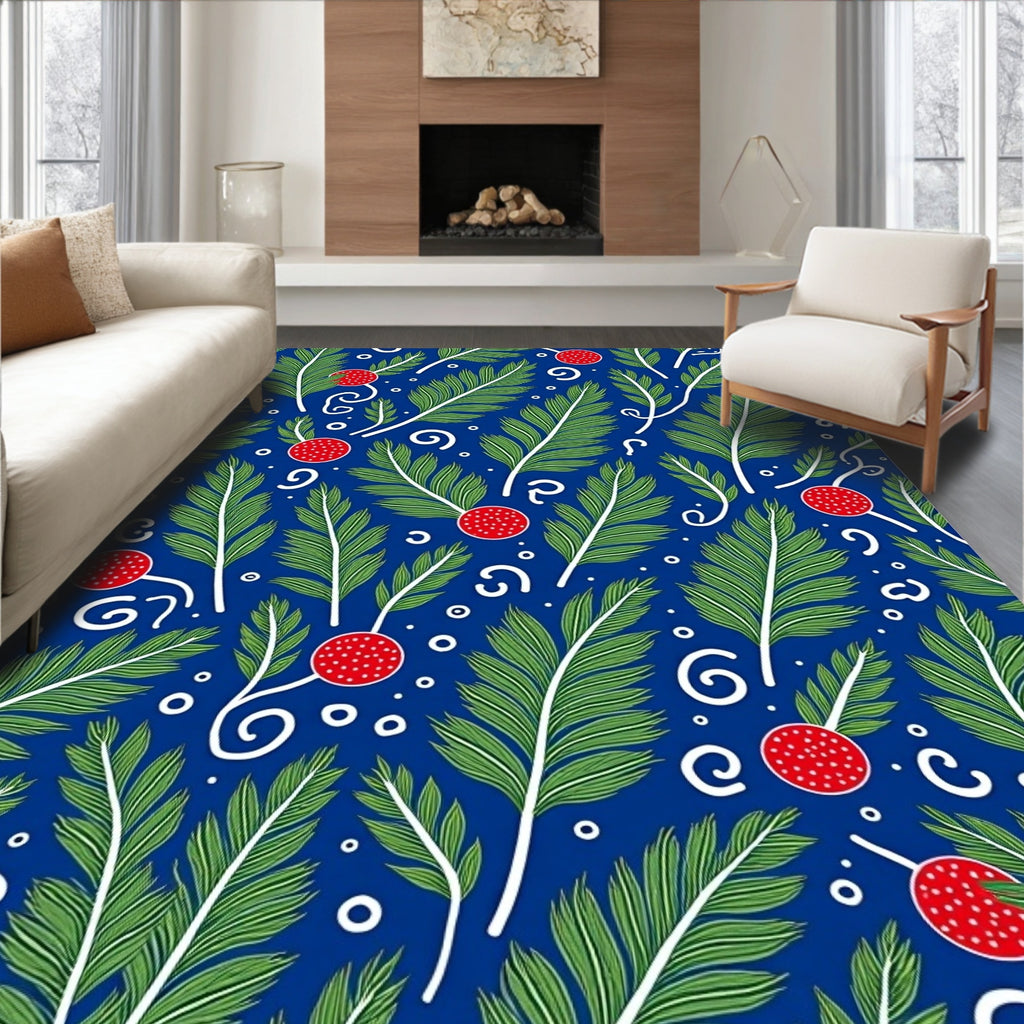 Whimsical Green Fern Red Berry Rug