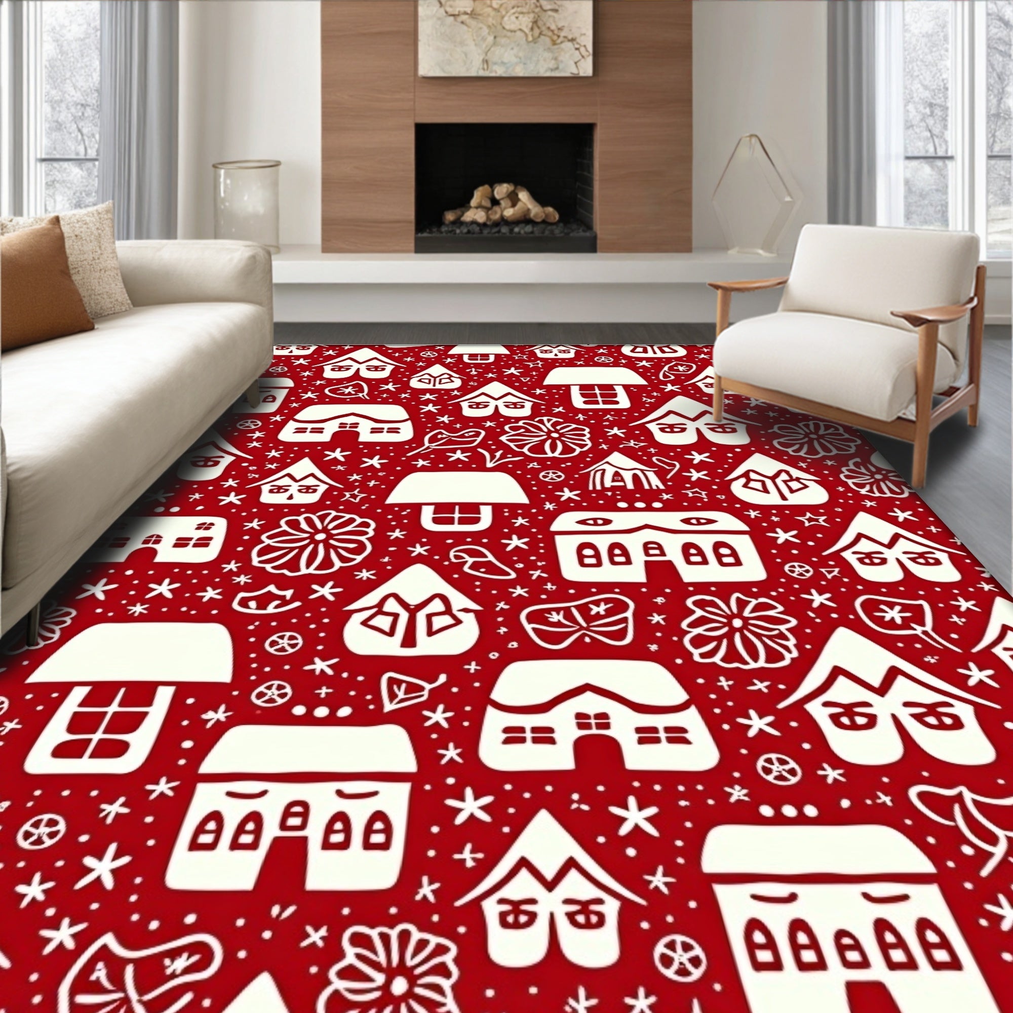 Festive Red Village Whimsical Houses Rug