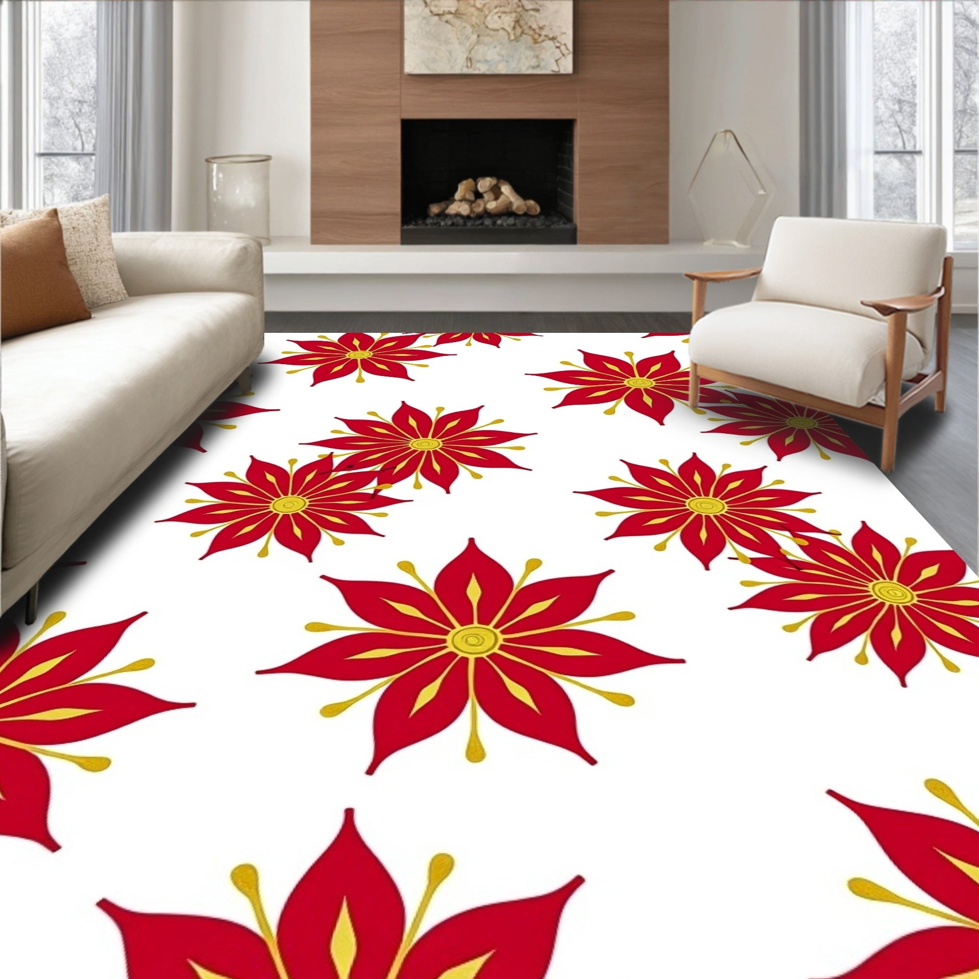Vibrant Red Gold Floral Bloom Rug