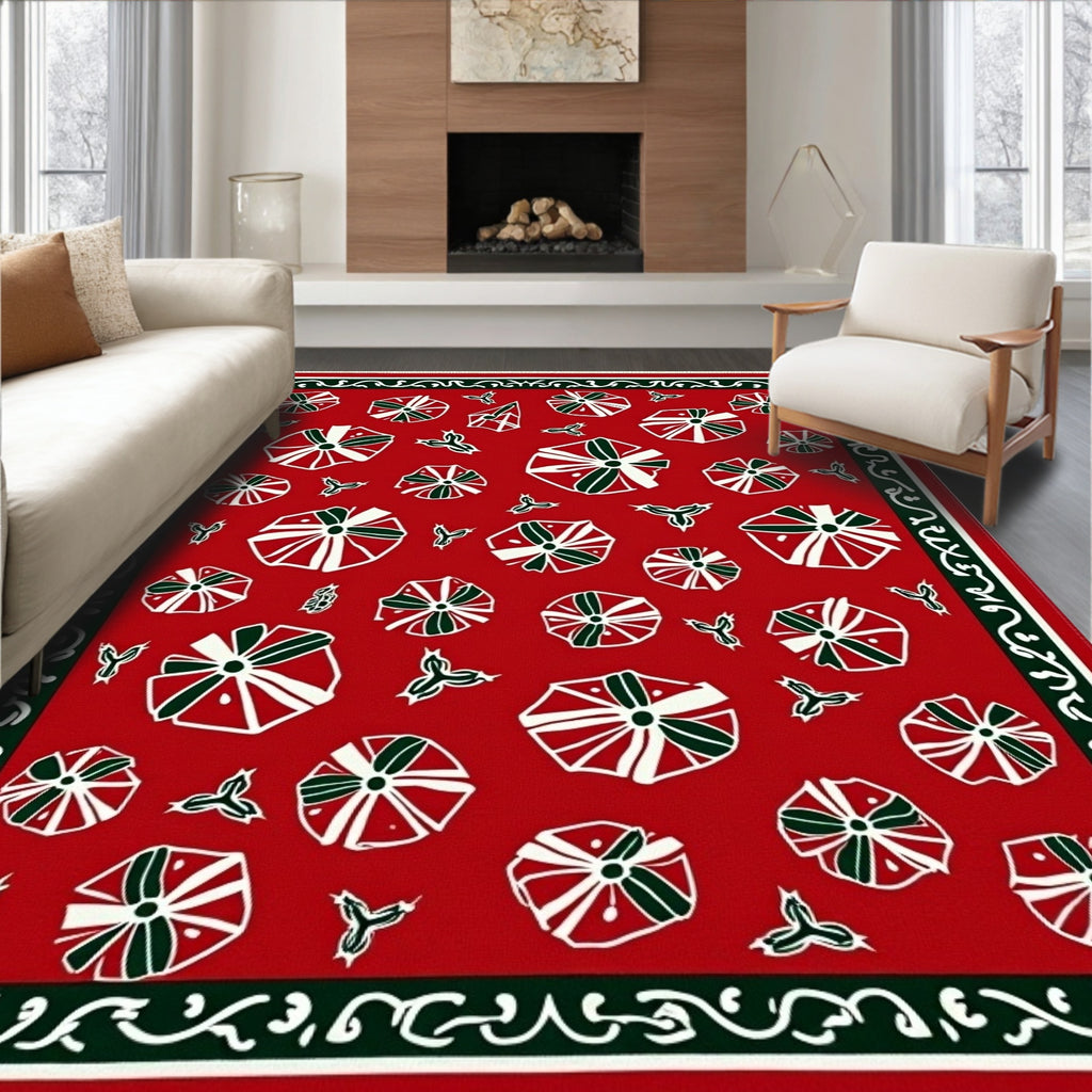 Red White Green Festive Gift Collage Rug
